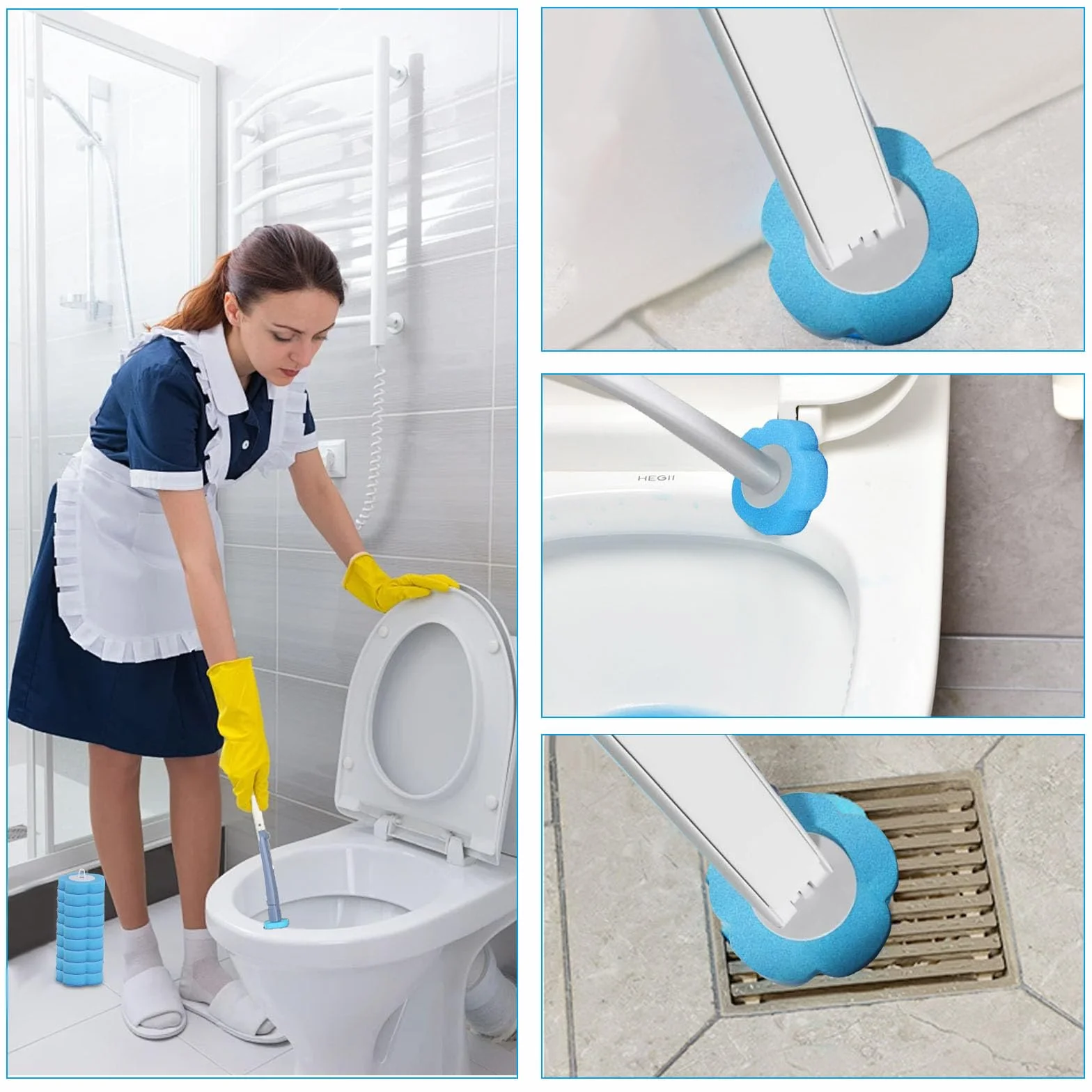Jednorazowa szczotka do toalety, 30 sztuk głowic zamiennych do szczotki toaletowej, do czyszczenia WC, głowice uzupełniające, nadają się do sprzątania gospodarstwa domowego (niebieski, zapach morski)