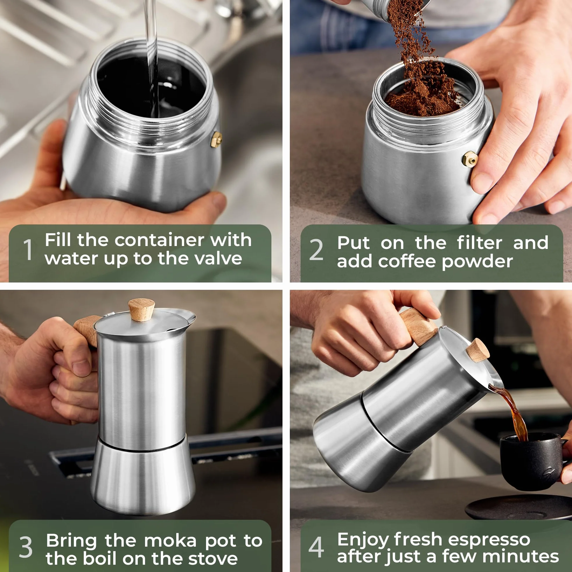 WALDWERK Ekspres do espresso (300 ml) – kompatybilny ze wszystkimi rodzajami płyt kuchennych – ekspres do kawy z zamszu ze stali nierdzewnej z uchwytem z prawdziwego dębu