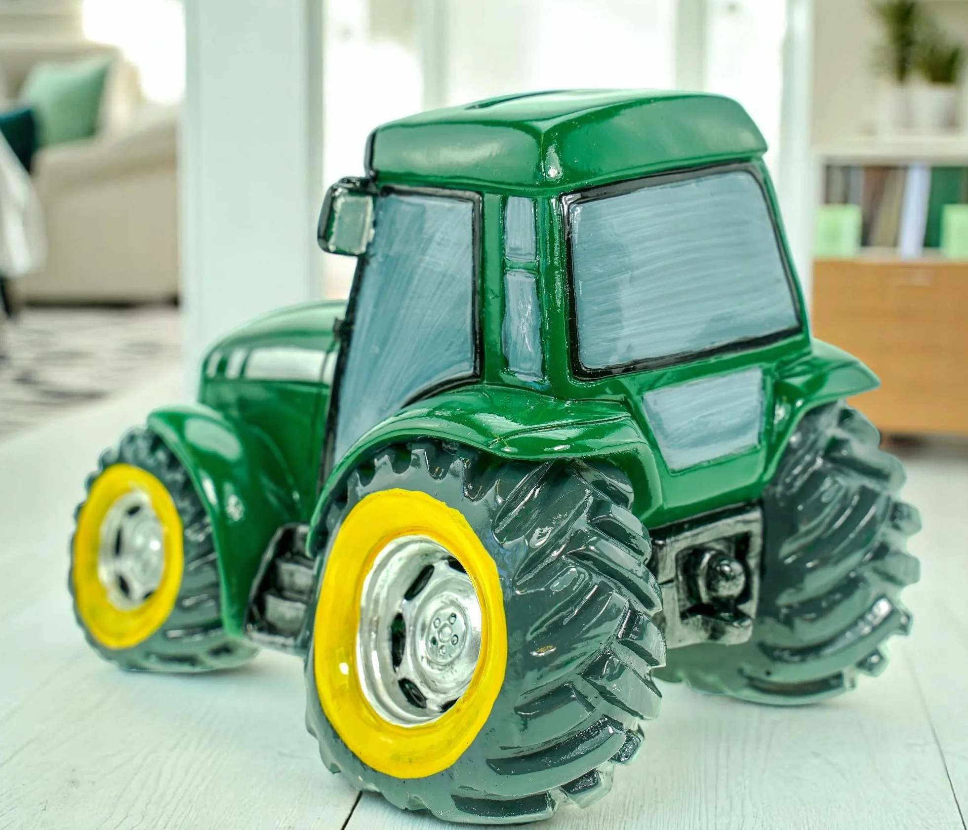 Kremers Schatzkiste Zielona skarbonka, traktor, ręcznie malowana, 16 cm, figurka, farma, prezent dla dzieci i dorosłych, prezent w stylu rolniczym, w stylu komiksowym