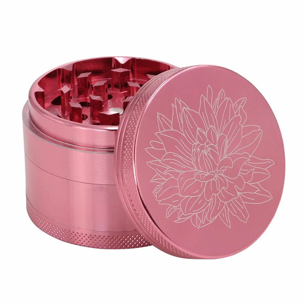DCOU Premium aluminiowy młynek z kwiatami na pokrywie magnetyczny Ø 55 mm metalowy młynek do przypraw, 4-częściowy