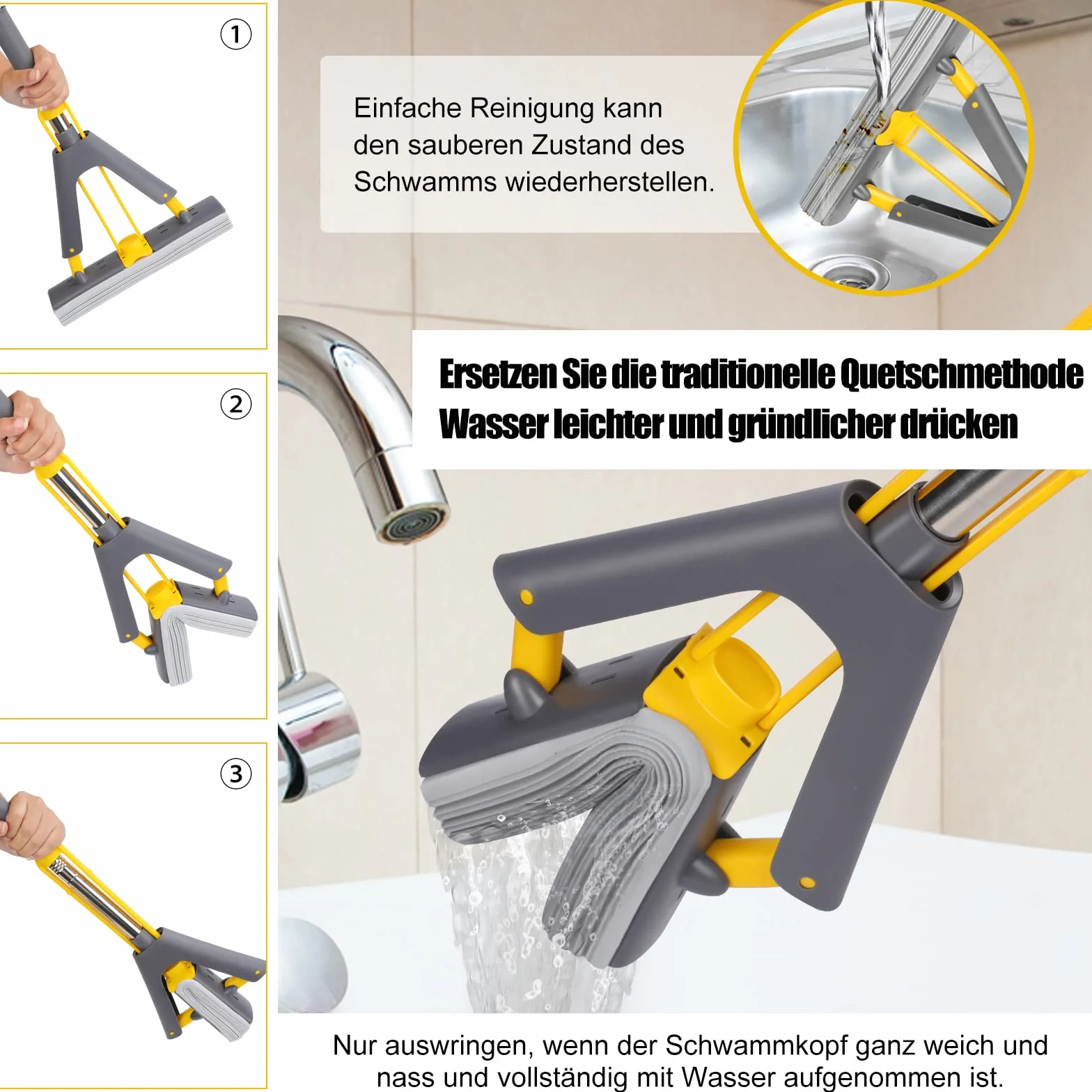 Myiosus PVA Gąbkowy mop, Gąbka podłogowa mop z trzonkiem 130 cm, chłonny mop z 3 głowicami z gąbki, mop do czyszczenia podłóg, składany mop gąbkowy do płytek, marmuru, laminatu, twardego drewna