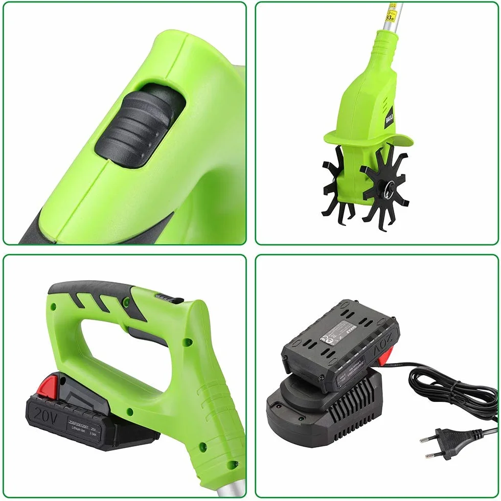 BAKAJI Elektryczna motyka ogrodowa 20 V 4000 mAh z 2 ostrzami 15 cm, szerokość robocza 10 cm, prędkość 250 obr./min, ergonomiczny uchwyt, do uprawy ogrodu