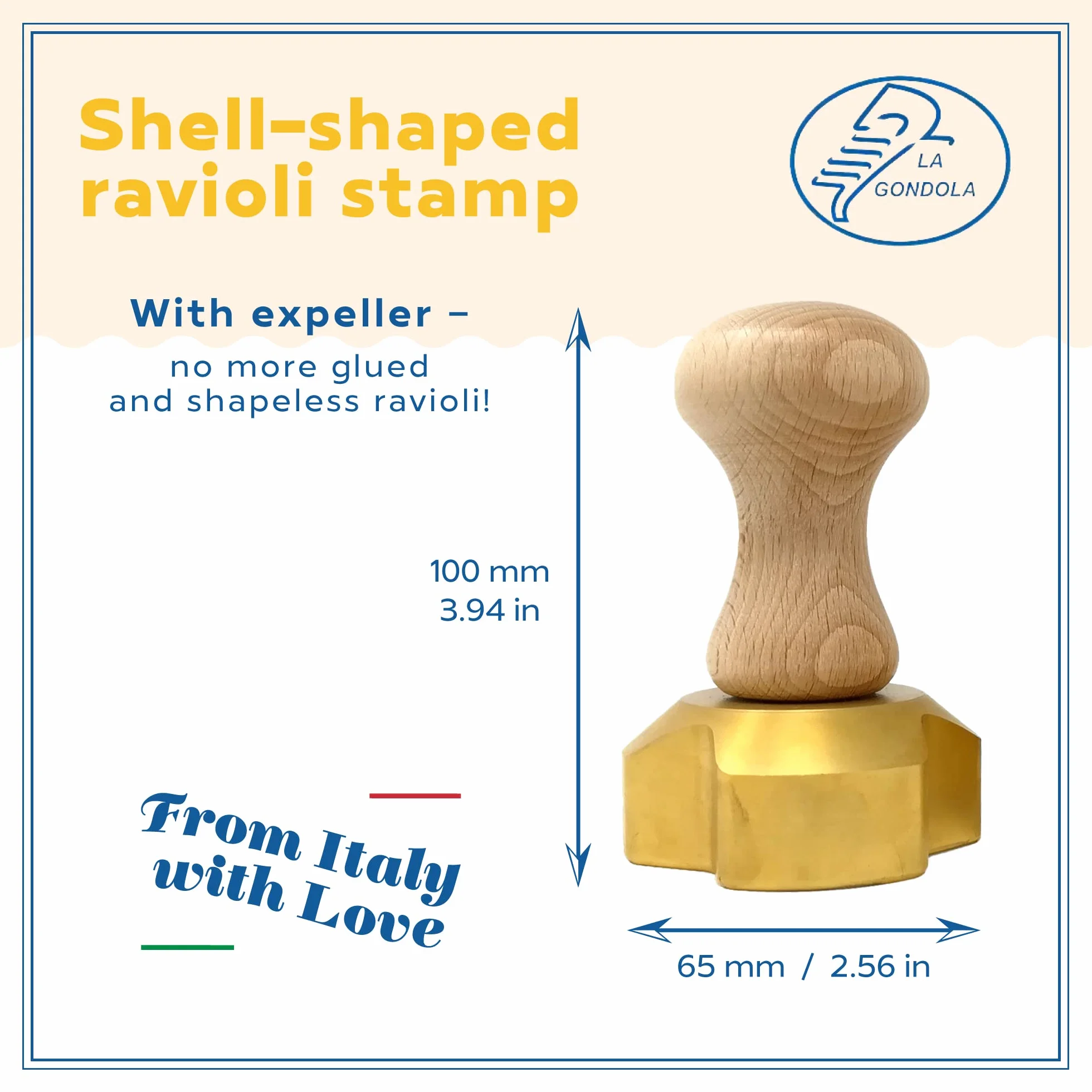 La Gondola Pieczęć Ravioli w kształcie muszli 65 mm włoskie narzędzie do makaronu mosiądz naturalne drewno foremki do wycinania tortelli