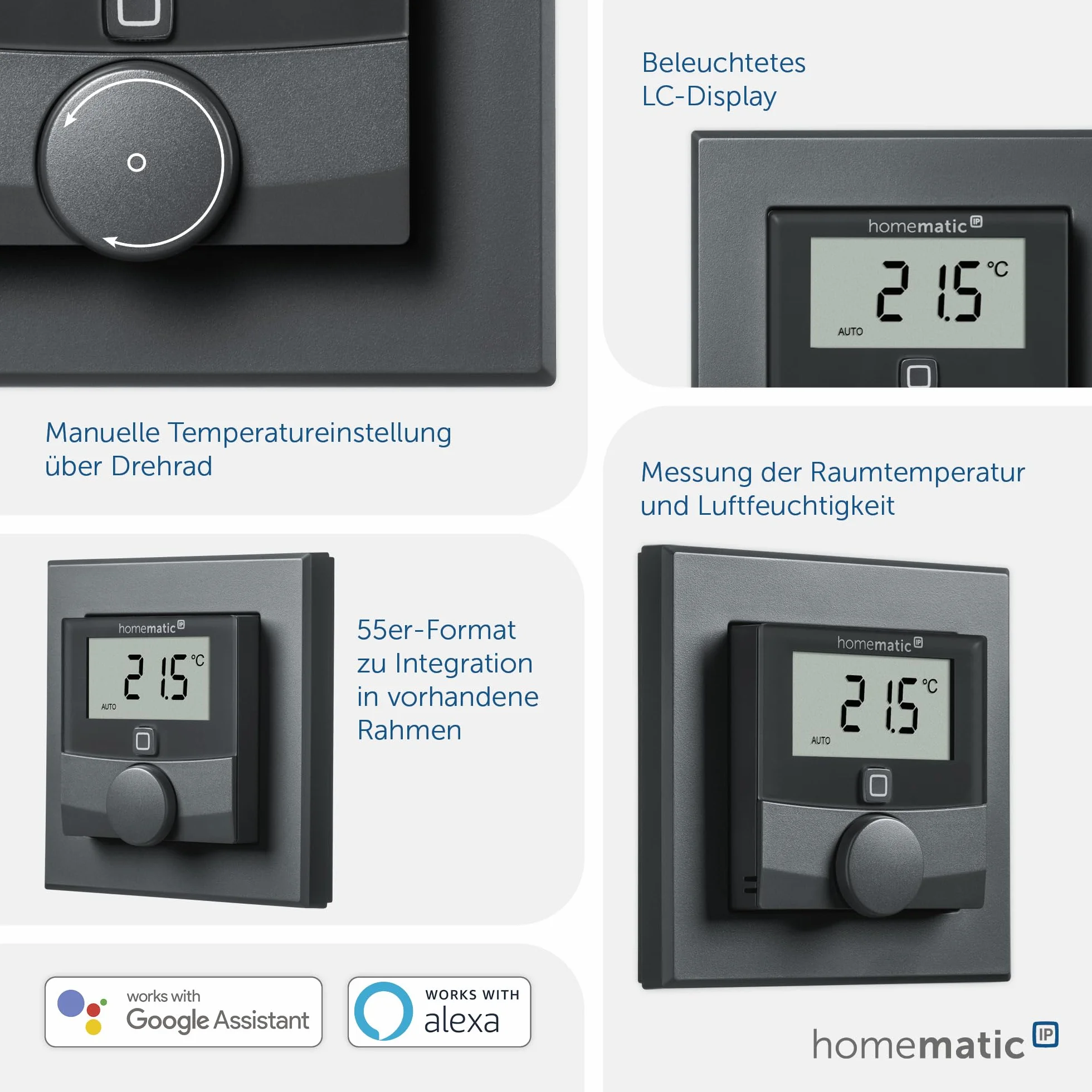 Homematic IP Smart Home 159820A0 termostat ścienny z czujnikiem wilgotności powietrza, cyfrowy termostat, grzejnik/ogrzewanie podłogowe, aplikacja Alexa, Google Assistant, pomiar temperatury,