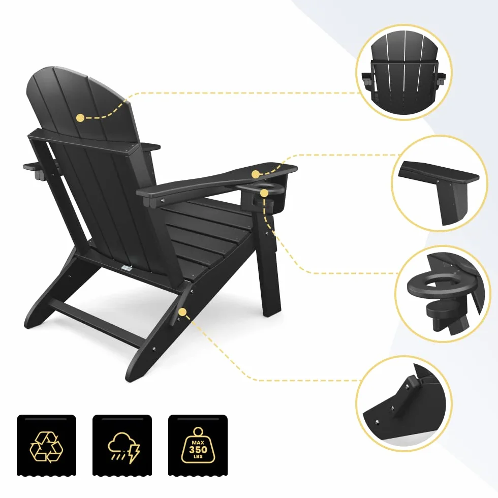 Adirondack Folding Chair for Garden, Patio or Deck - Arm Rests and Cup Holder - Lightweight, Weatherproof - Stylish, Durable Outdoor Furniture for Fire Pit, Beach, Poolside, Porch (Black)