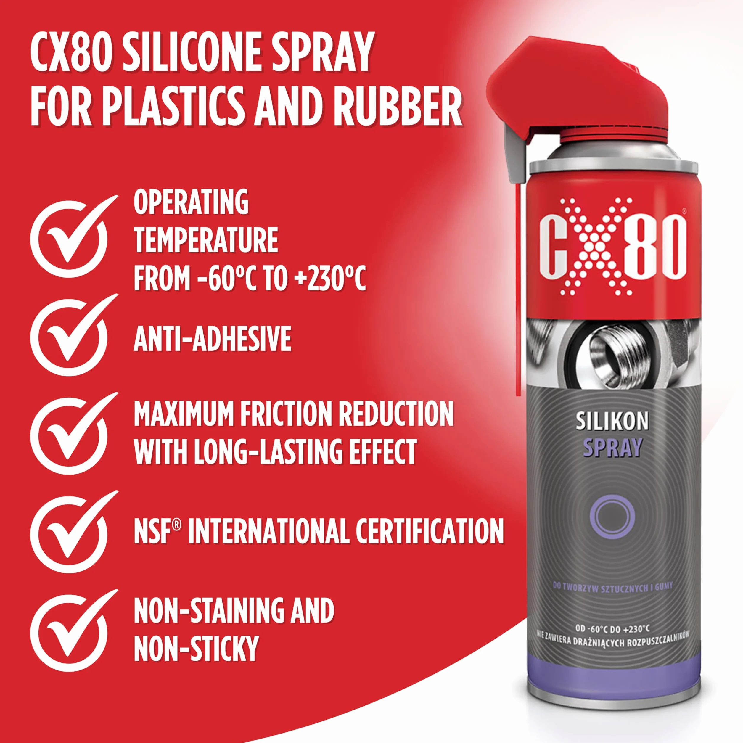 CX80 | Spray silikonowy – bezbarwny smar do tworzyw sztucznych, gumy i metalu, z certyfikatem NSF, antyadhezyjny, odporny na zabrudzenia, odporny na temperaturę do +230°C | DuoSpray, 500 ml