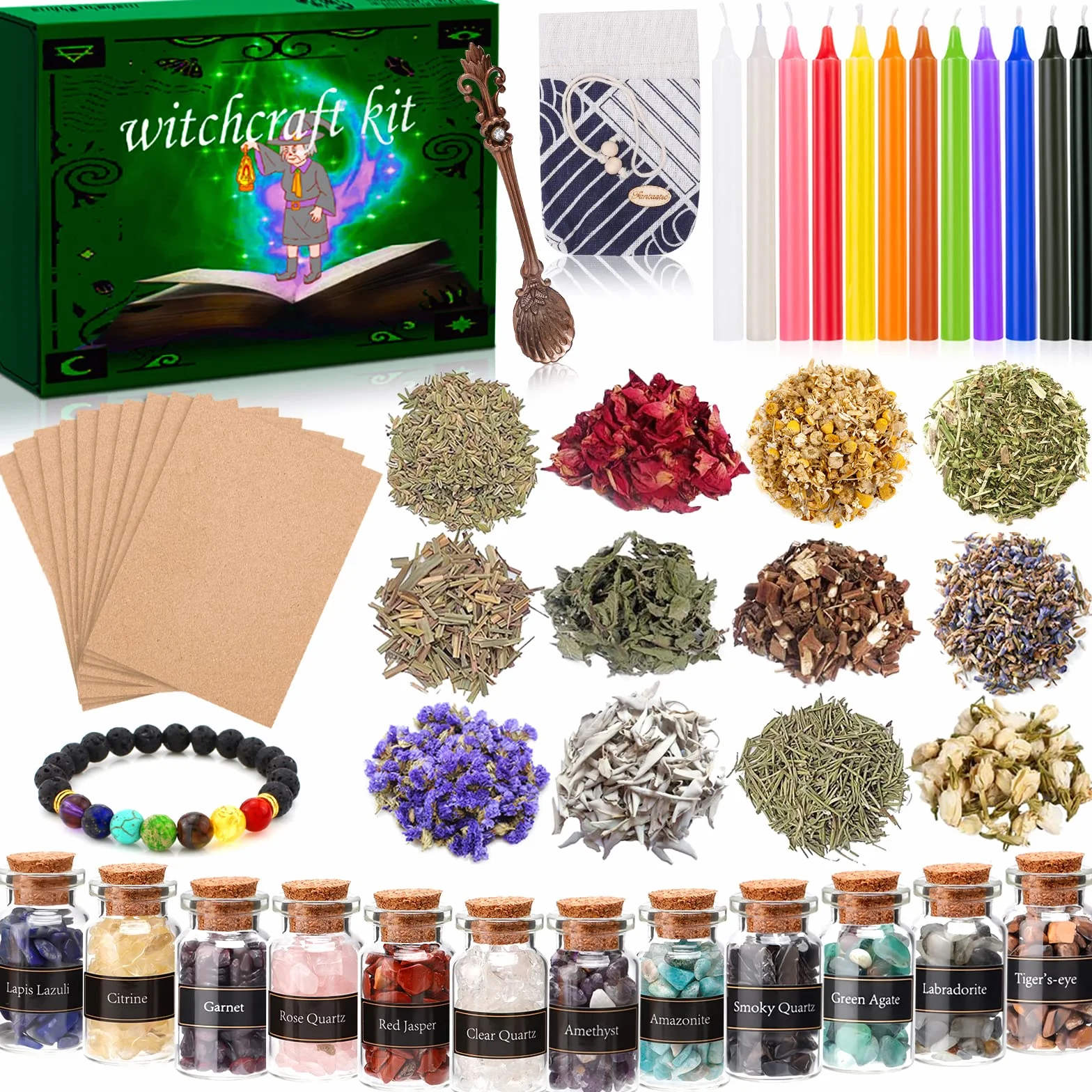 MAISITOO Zestaw magiczny do czarowania, świeczki, małe, naturalne suszone kwiaty, buteleczki, kryształowe chipsy żetony do dzwoneczków, magia, czarodziejstwo, życzenia, rytuały