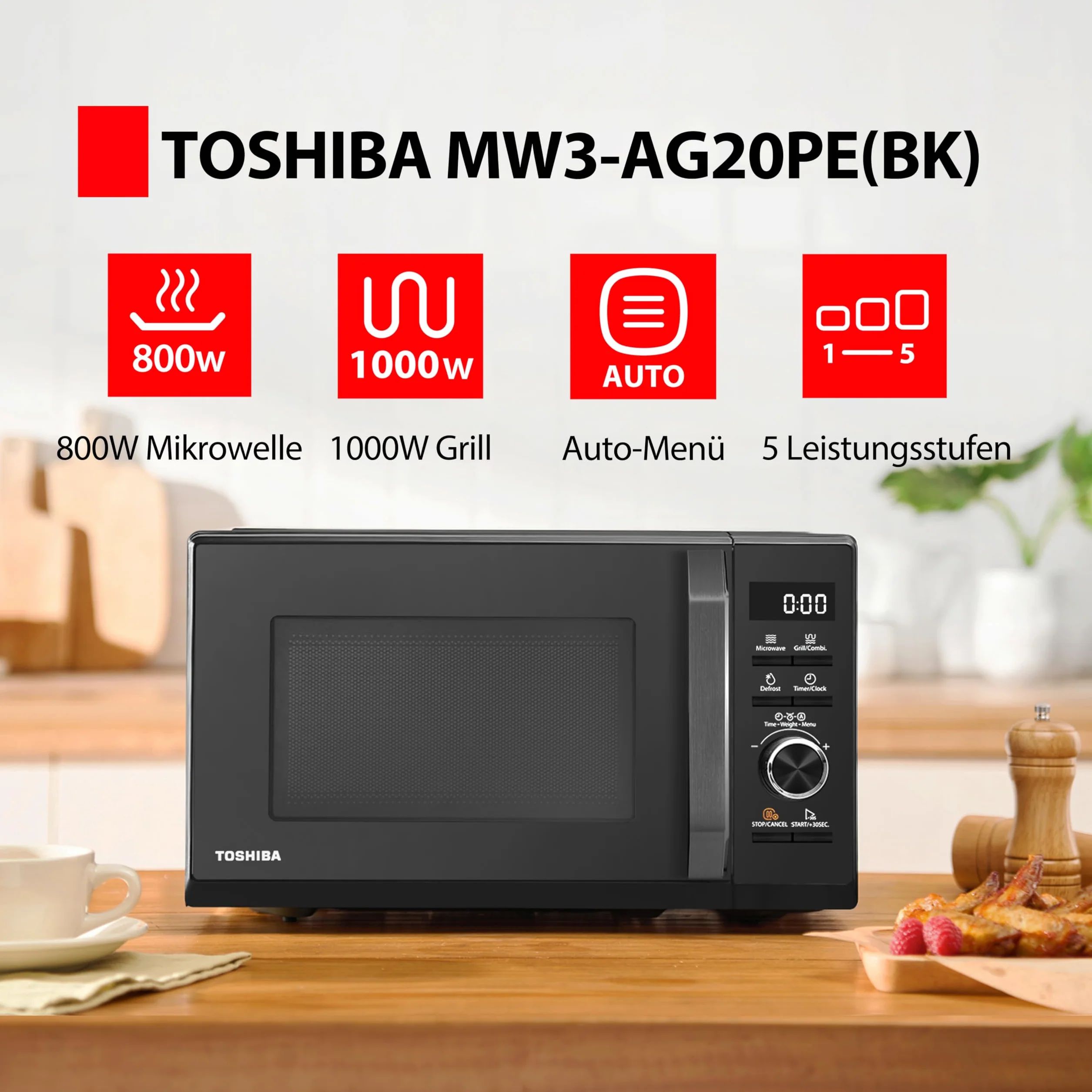 Toshiba MW3-AG20PE (BK) kuchenka mikrofalowa z grillem, 20 l, kuchenka mikrofalowa 3 w 1, rozmrażanie kuchenne, kuchenka mikrofalowa, grill, kombi, 5 poziomów mocy, 8 automatycznych programów, łatwe