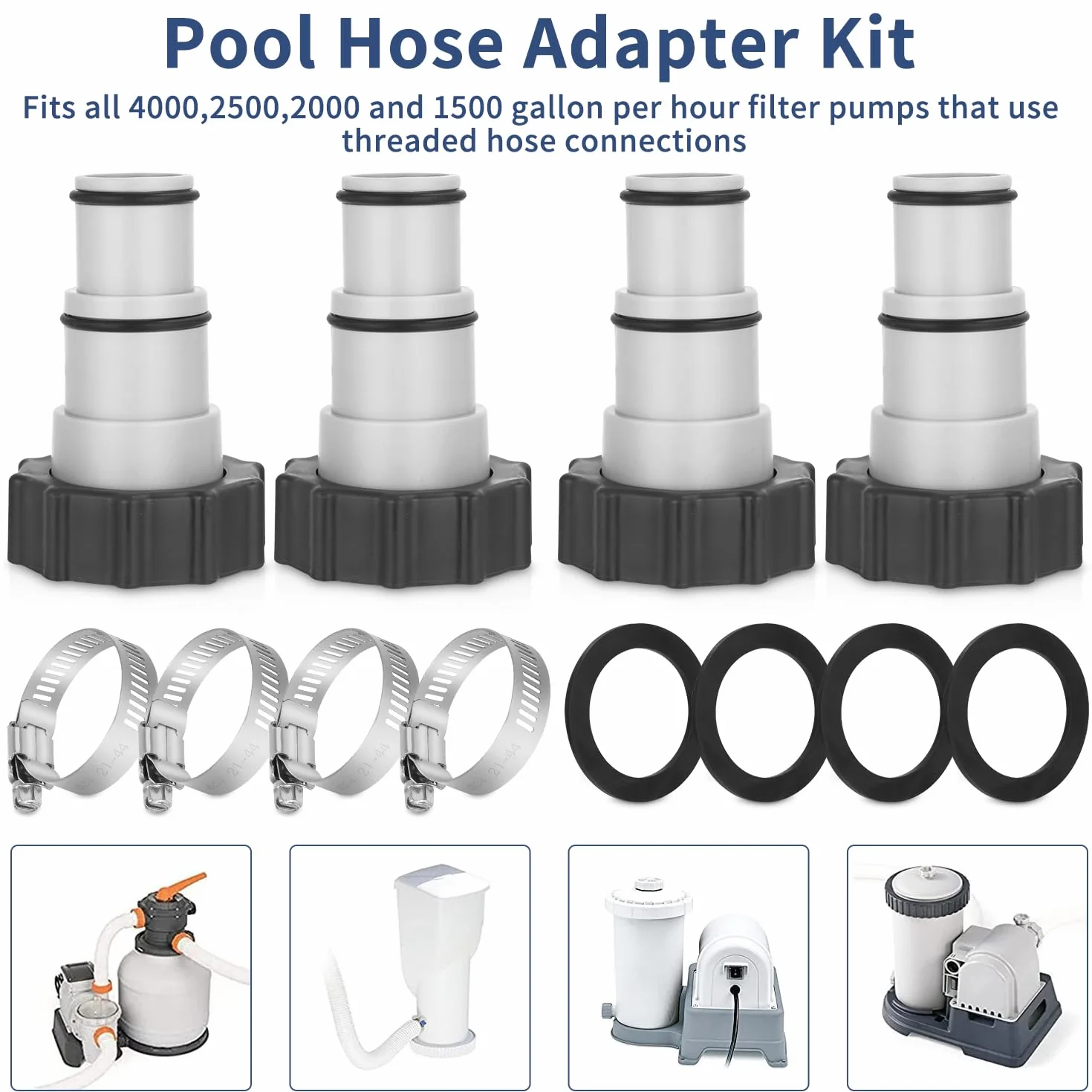 Adapter węża basenowego 4PCS, adapter do basenu Intex, zestaw adaptera węża basenowego, adapter węża do pompy, złącze do węża basenowego Ø 32 i 38 mm, adapter węża basenowego