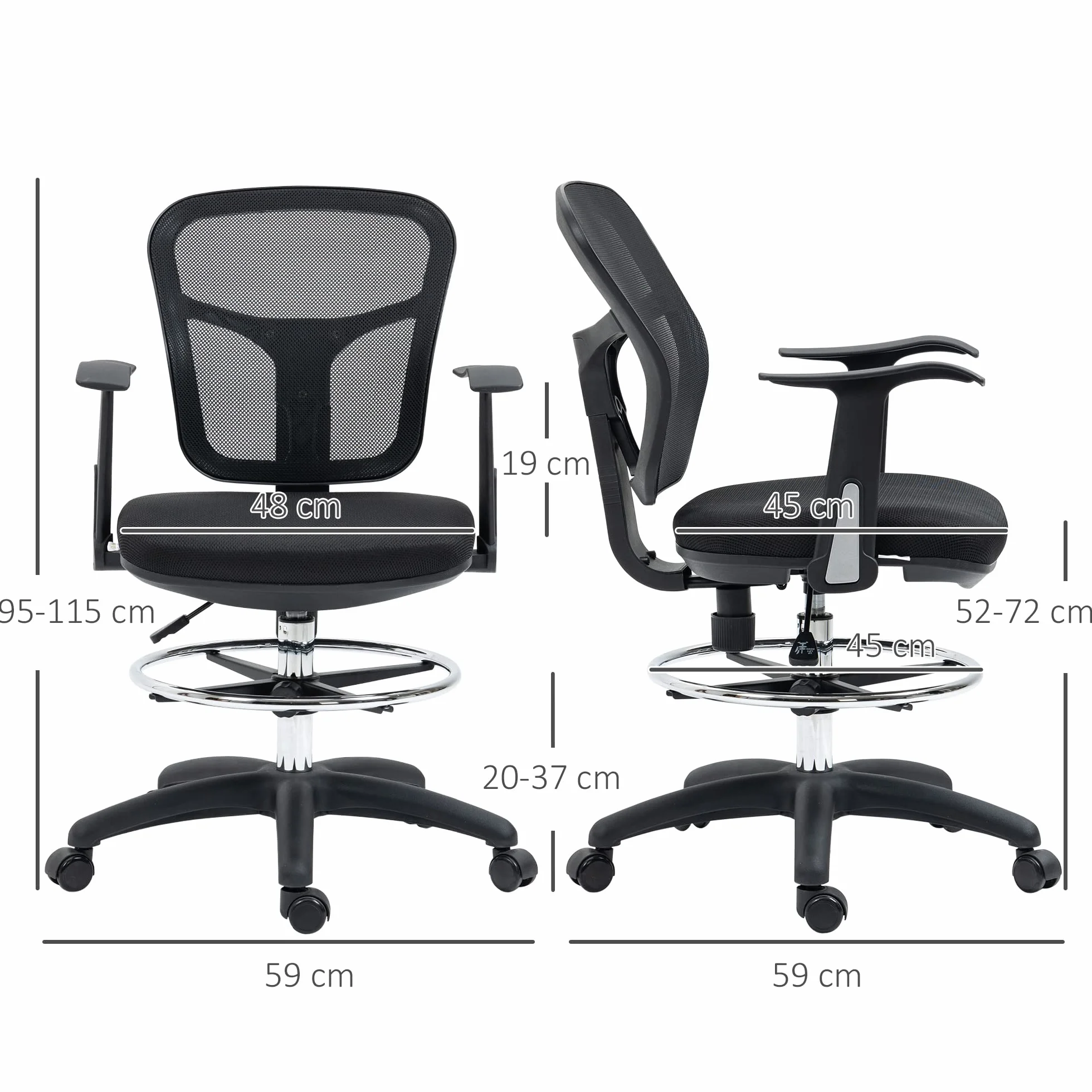 Vinsetto Krzesło biurowe, ergonomiczne krzesło kreślarskie, 95-115 cm, krzesło komputerowe z podłokietnikami, krzesło do biurka z podnóżkiem, krzesło obrotowe do biura, salonu, siatka, czarne