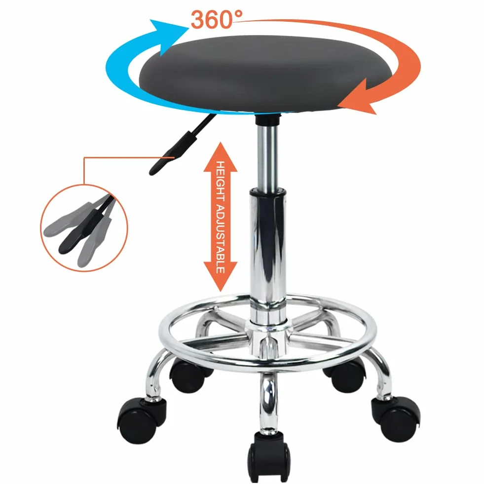 WKWKER Ergonomiczny stołek na kółkach, ze skóry PU, z obrotowym siedziskiem z regulacją wysokości, do kuchni, salonu, laboratorium, biura, czarny