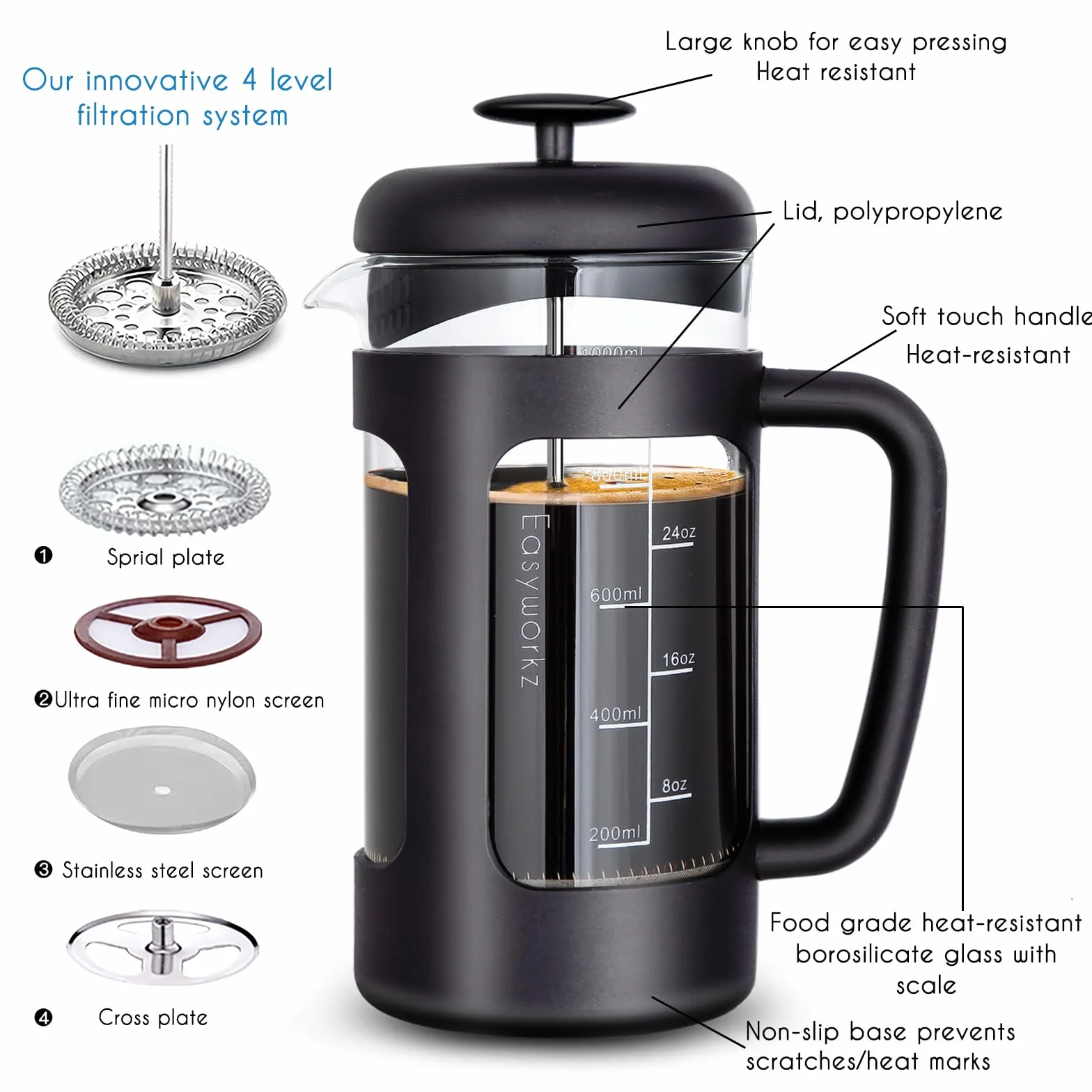 Easyworkz French Press Ekspres do kawy 1000 ml Szkło borokrzemowe Czarna