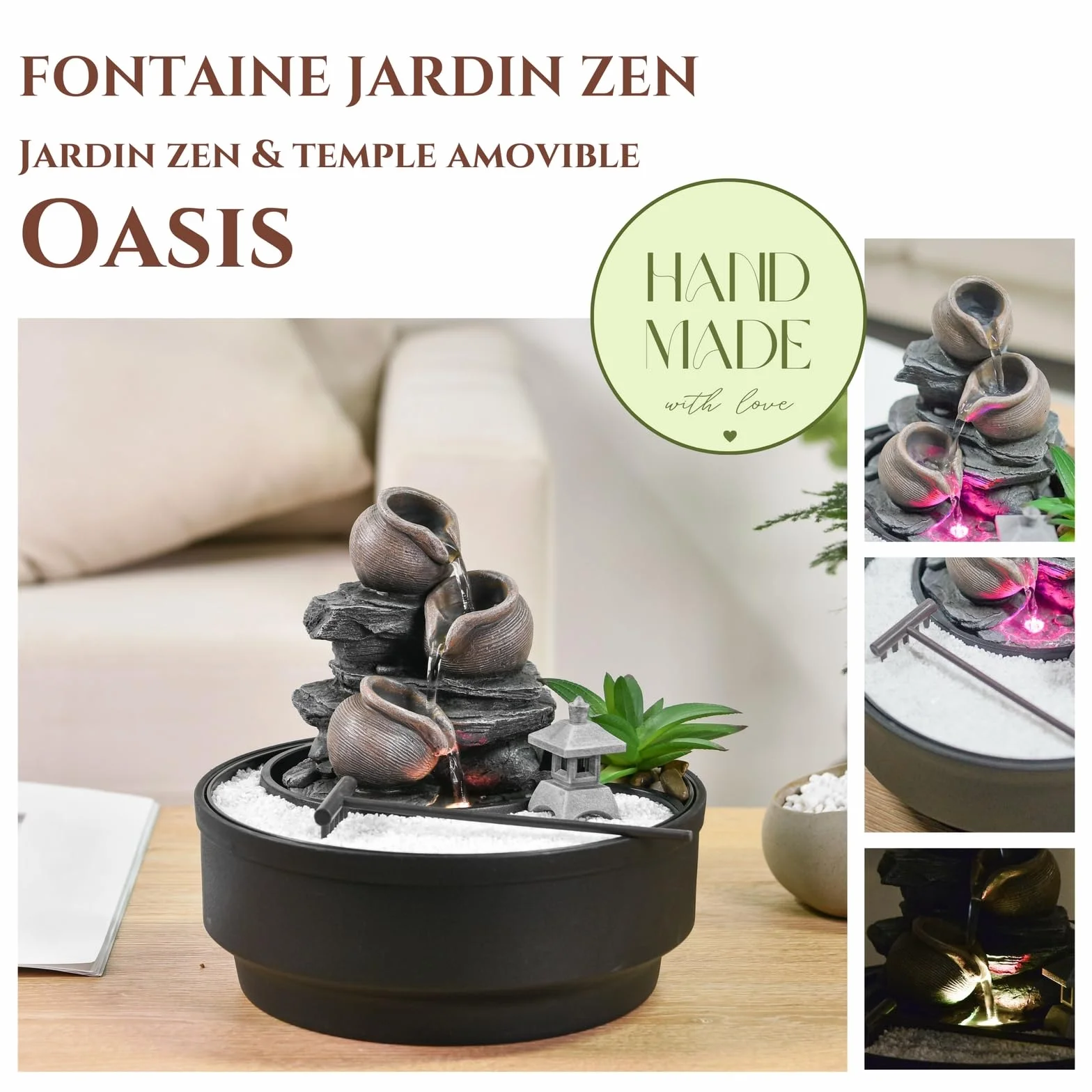 Fontanna ogrodowa Zen, fontanna wodospadowa, kolorowe światło LED, relaksująca dekoracja nastrojowa, ogród Zen biały piasek, fontanna stołowa zamknięta obwód, H21 cm - Oasis Zen'Light