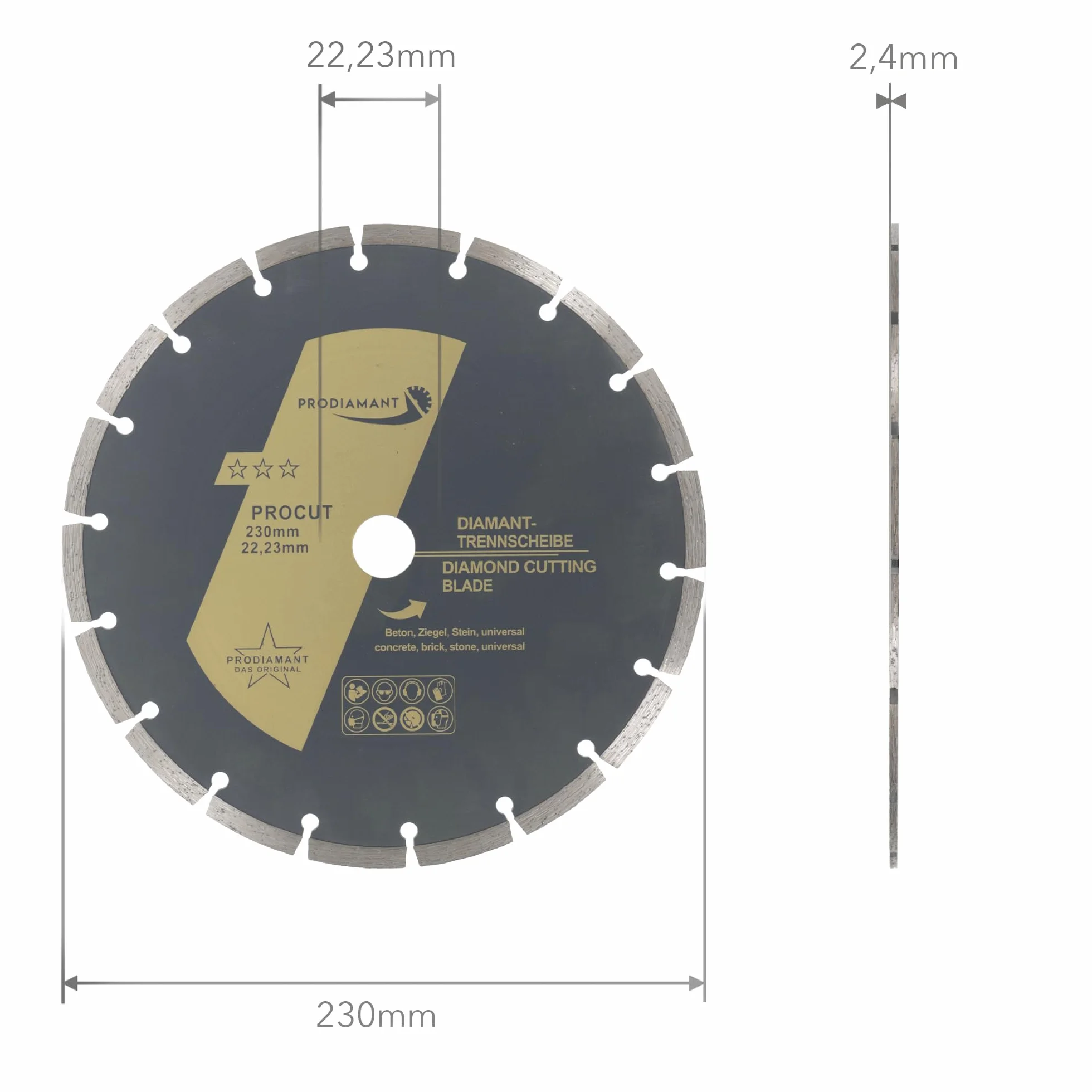 PRODIAMANT Diamentowa tarcza tnąca 230 mm, uniwersalna tarcza tnąca do kamienia, betonu, granitu, muru, cegły, akcesoria szlifierki kątowej