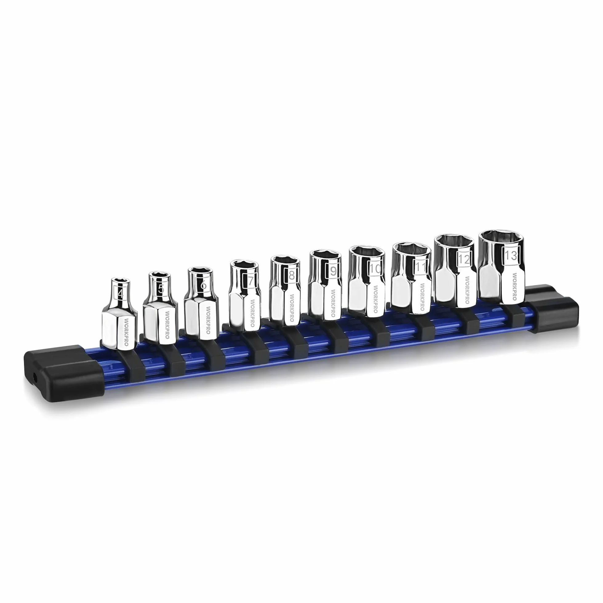 WORKPRO Zestaw Nasadek 1/4" 10 elementów, Nasadki 4-13 mm z Stali Cr-V, z Uchwyt PVC, Zestaw Kluczy Nasadowych do Napraw Samochodów i Maszyn