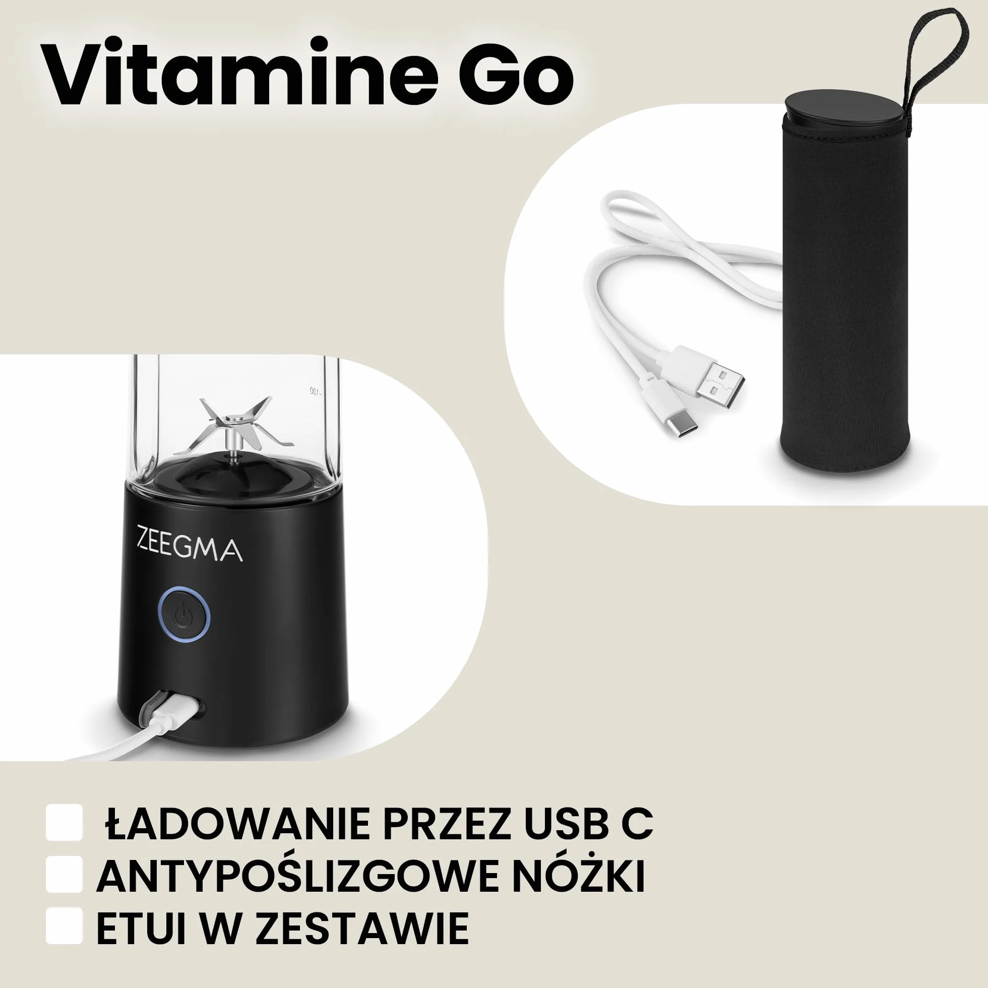 ZEEGMA VITAMINE GO Przenośny Blender do Koktajli i Smoothie 300W, Osobisty Mikser, Mini Blender 450 ml z 6 ostrzami, 2 Prędkości Bateria 5000 maH, 25 użyć na jednym naładowaniu (Czarny)