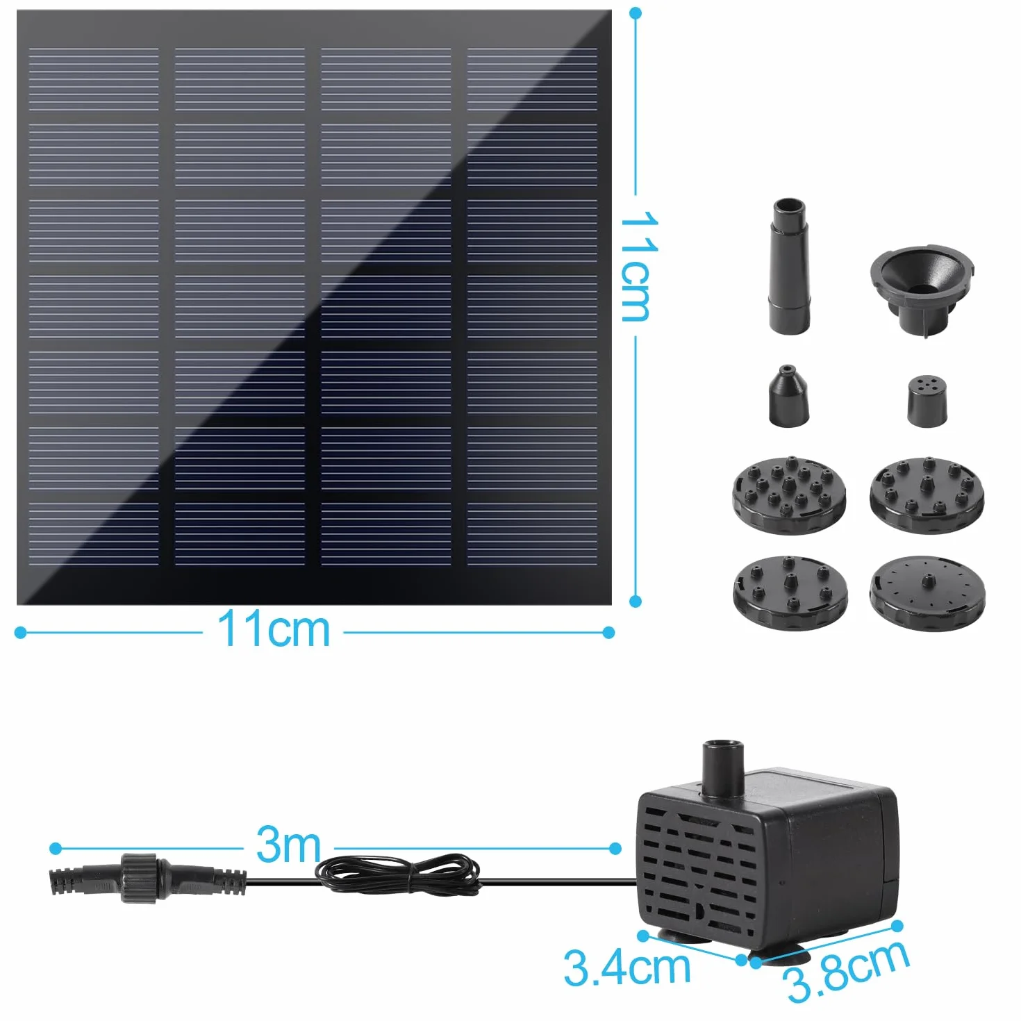 Sonnewelt Solarna fontanna, bezszczotkowa pompa do stawu 7 V, 1,5 W, solarna pompa wodna z 10 stylami fontanny, do zabaw wodnych, stawów, łaźni ptaków, ogrodu