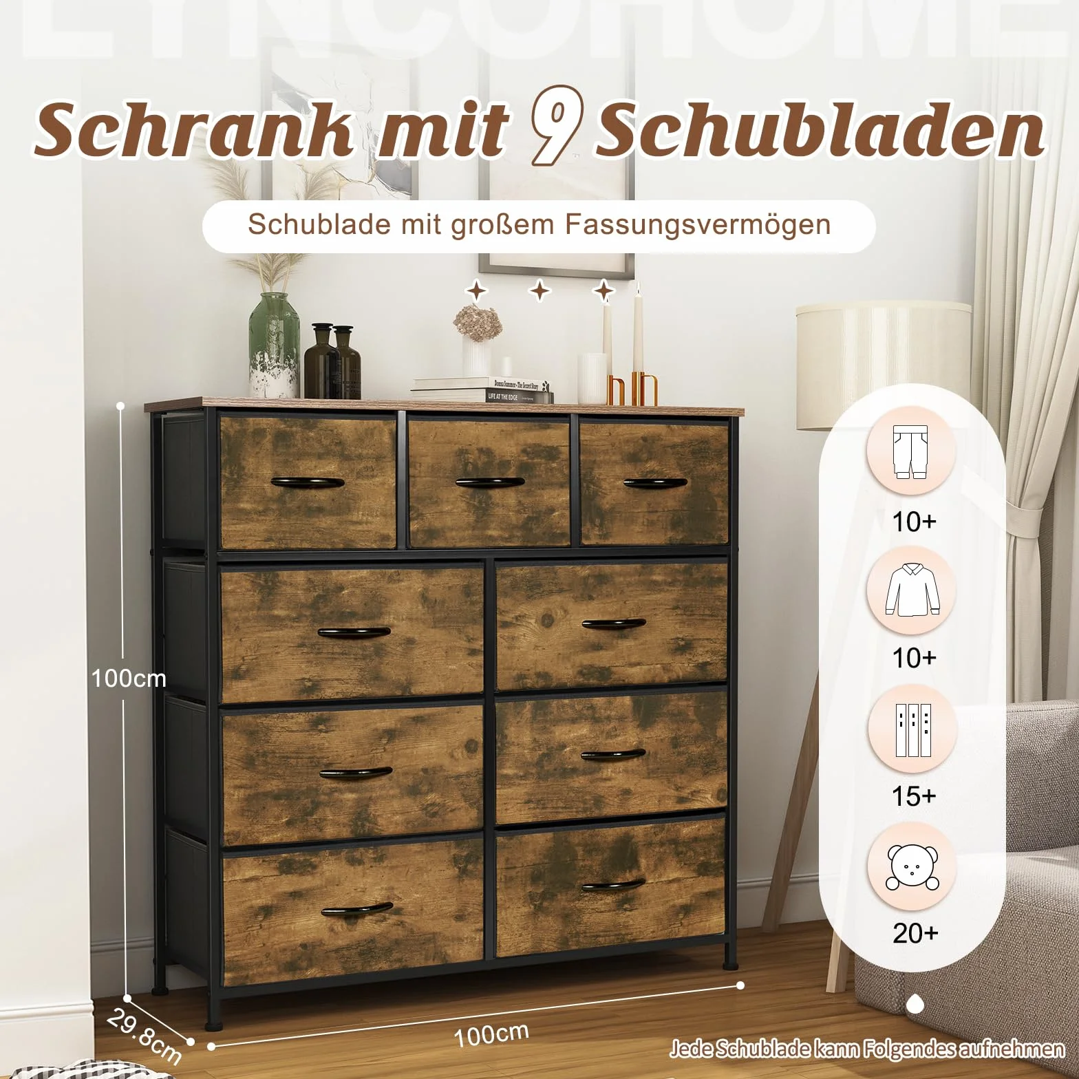 LYNCOHOME Komoda z 9 szufladami z tkaniny, komoda do sypialni, szafka, meble do sypialni, komoda z 9 szufladami, komoda do kuchni, biura, przedpokoju