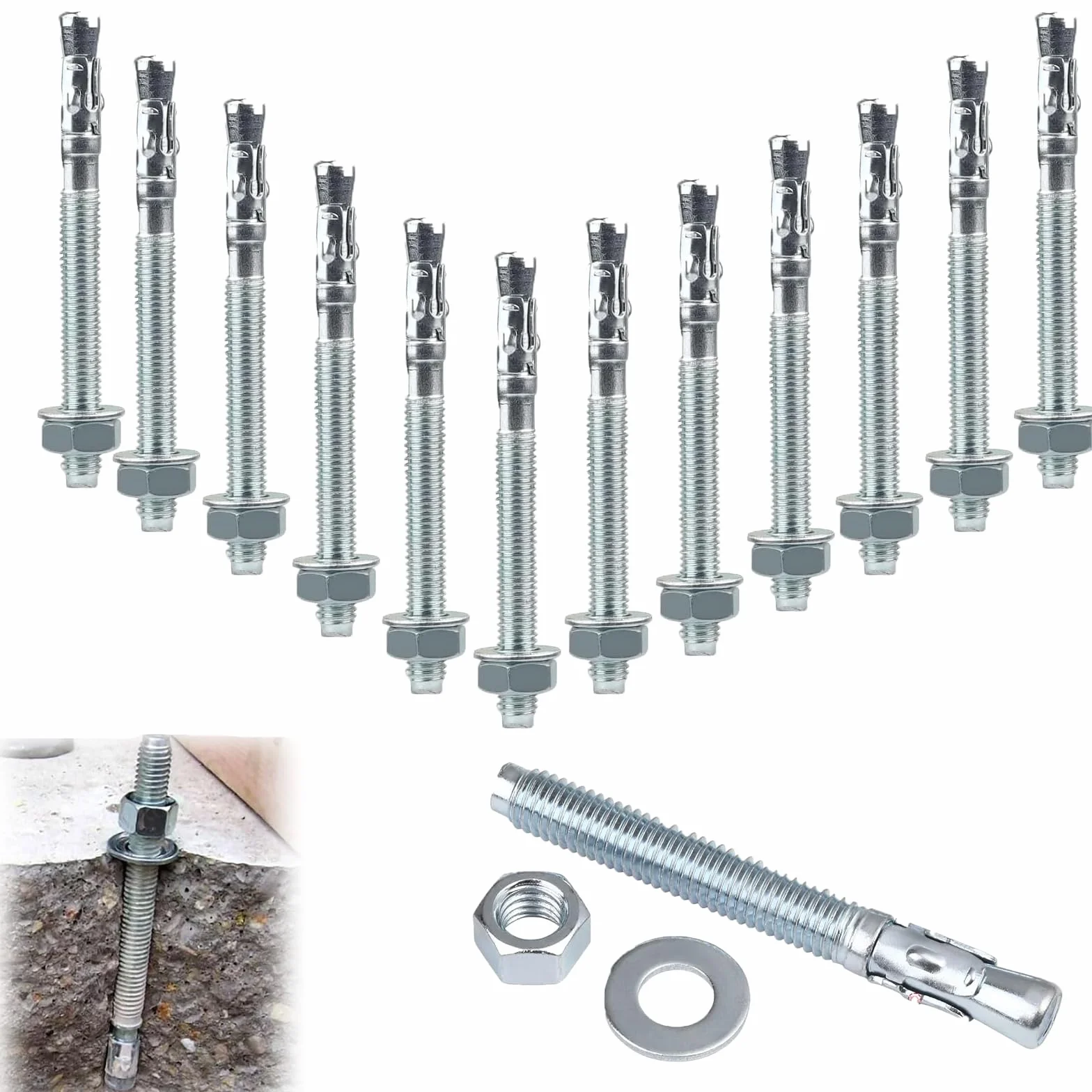 Kotwa M10 do dużych obciążeń, z ocynkowanego metalu, do balustrady, okna, ściany osłonowej, maszyn, belek, M10 x 90 mm, 12 szt