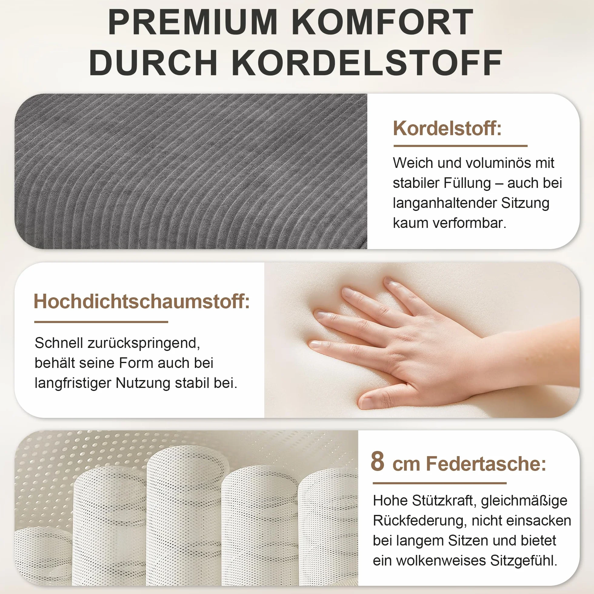 Nowoczesna sofa narożna w kształcie litery L z podłokietnikami, 1 wielofunkcyjny taboret, pianka o wysokiej gęstości, łatwy montaż, szara