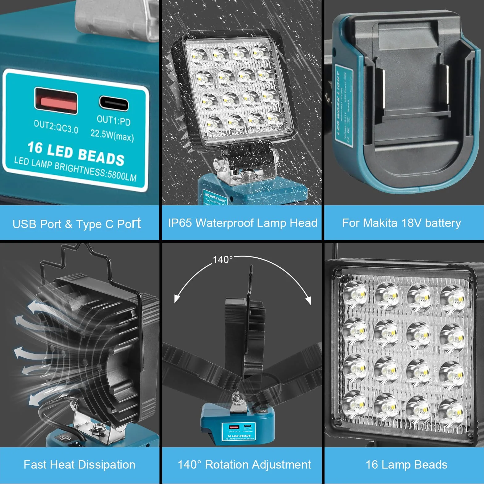 QUPERR Lampa bezprzewodowa kompatybilna z Makita 18V, 48W 5800LM LED lampa robocza, przenośny reflektor z USB i Type-C do auta, kempingu i awaryjnego oświetlenia (bez akumulatora)
