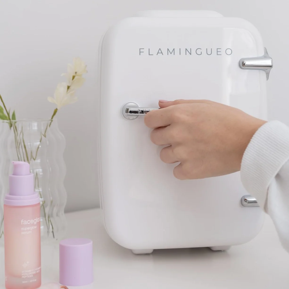 Flamingueo Mini Lodówka 4L - Mini Lodówka do Sypialni, Mała Lodówka 12V/220V, Funkcja Gorąca i Zimna, Lodówka Kosmetyczna, Mini Fridge Skincare