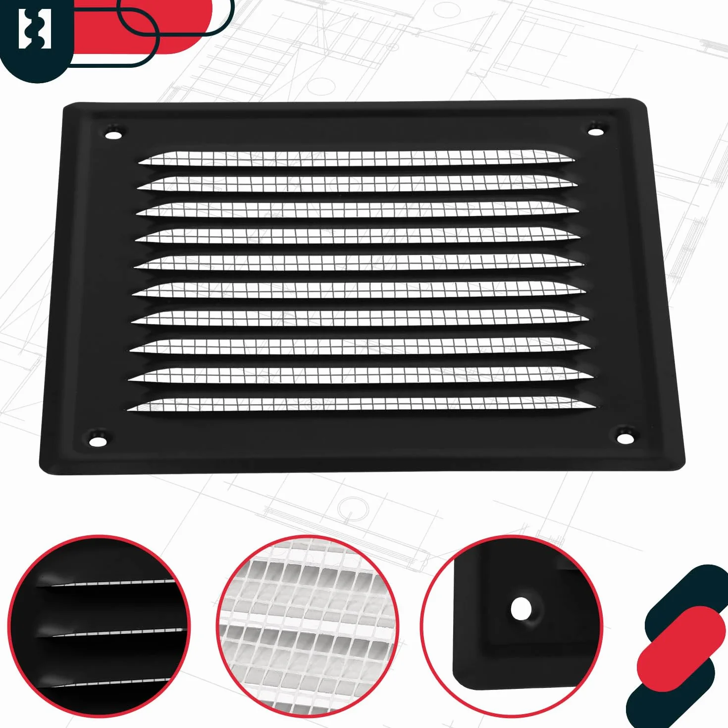 KOTARBAU® Kratka Wentylacyjna - 165 X 165 MM - Wentylacja z Siatką - Stal - Metalowa - Czarna