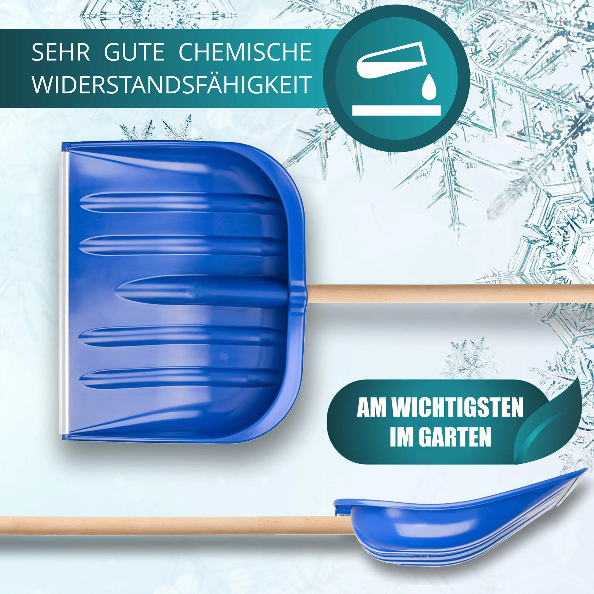 KADAX Plastikowa łopata do śniegu, szerokość: 49 cm, wyprofilowana szufla do odśnieżania z długim trzonkiem, łopata z uchwytem w kształcie litery D (drewniany trzonek, niebieski)
