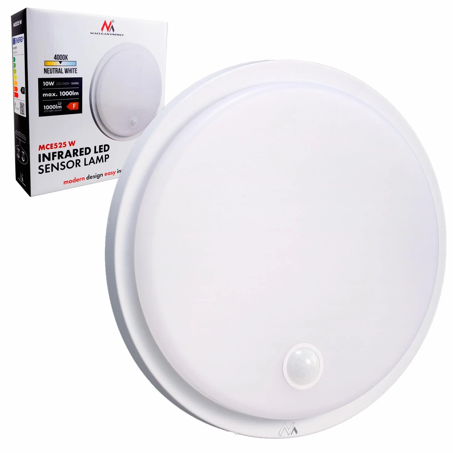 Maclean MCE525 lampa LED z czujnikiem ruchu | PIR 10 W, IP65, neutralna 4000 K, 1000 lm, lampa sufitowa do użytku wewnątrz i na zewnątrz z pracą ciągłą | klasa energetyczna F (biała)