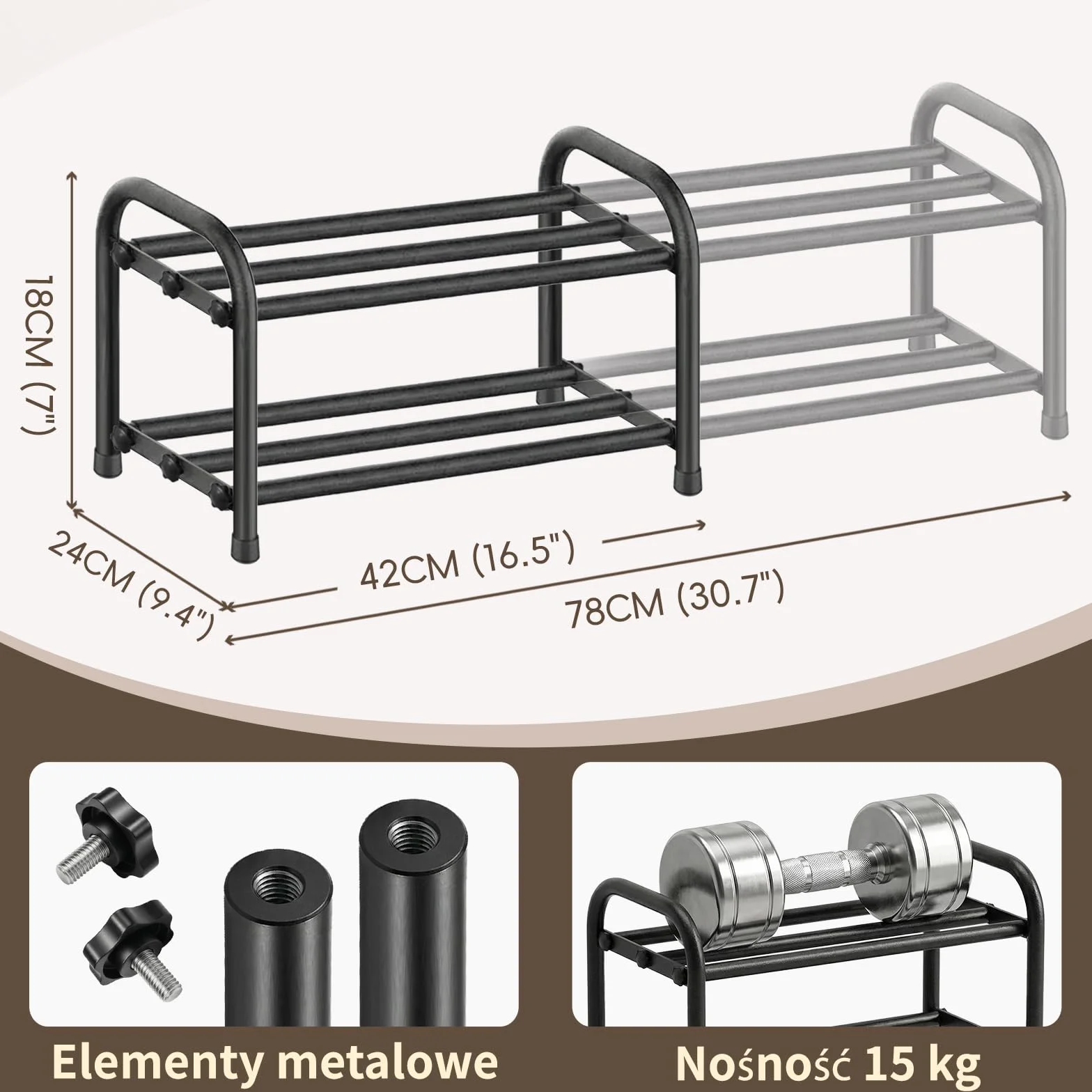 MIKOYO 2 Poziomowa Rozkładana Wąska Półka na Buty, Czarny Metal, Regulowana Szerokość 43–78 cm, Stojak do Przechowywania Butów, Idealny do Szaf, Wąskich Przestrzeni, Przedpokoju, Korytarza, Sypialni