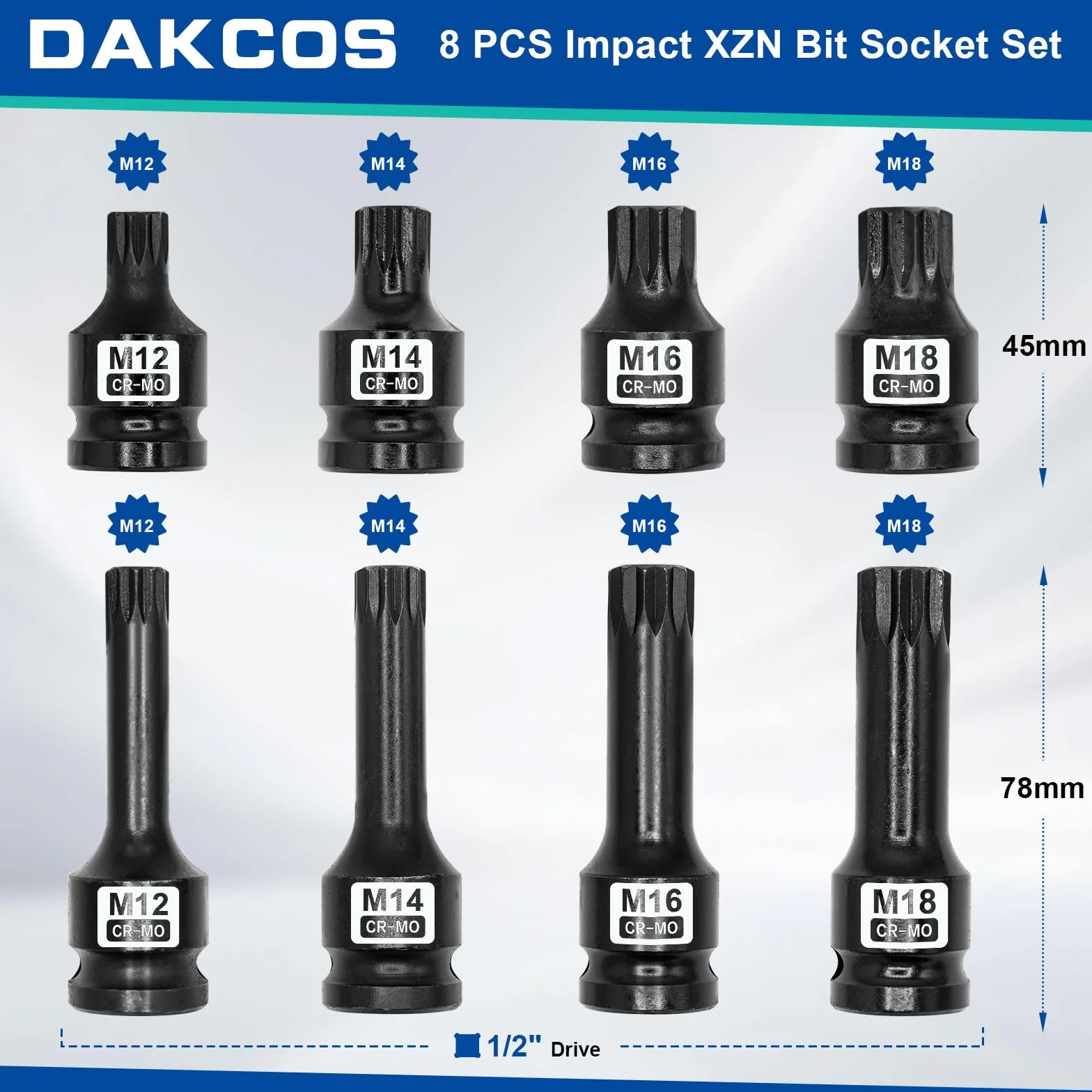 DAKCOS M12 M14 M16 M18 Kraft XZN nasadki udarowe wielozębowe 1/2", 8-częściowy zestaw kluczy nasadowych z wieloma zębami CR-MO