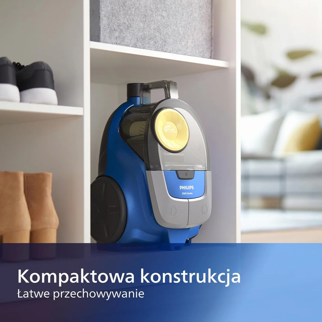 Philips Odkurzacz bezworkowy z Serii 2000, duża moc ssania - 850W, Filtr Super Clean Air, Technologia PowerCyclone 4, Uniwersalna Nasadka do każdego typu podłóg, mały i lekki, niebieski (XB2125/09)
