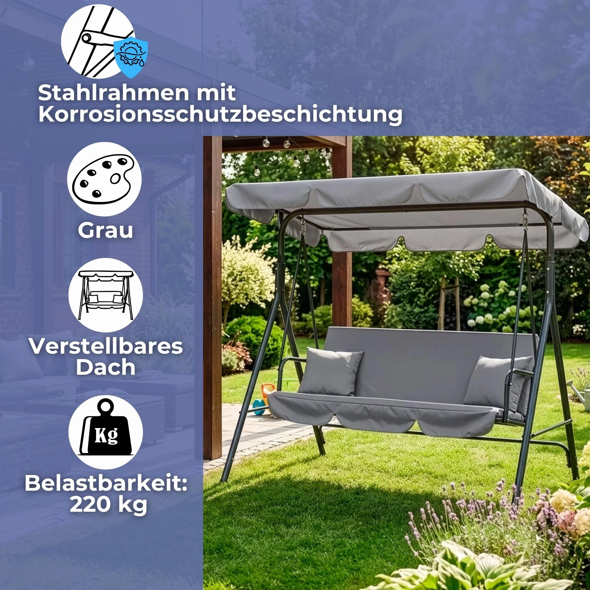 SPRINGOS huśtawka ogrodowa Luna, huśtawka ogrodowa z dachem, z poduszką, huśtawka 3-osobowa, wys. x szer. x gł.: 150 x 170 x 110 cm (szara)