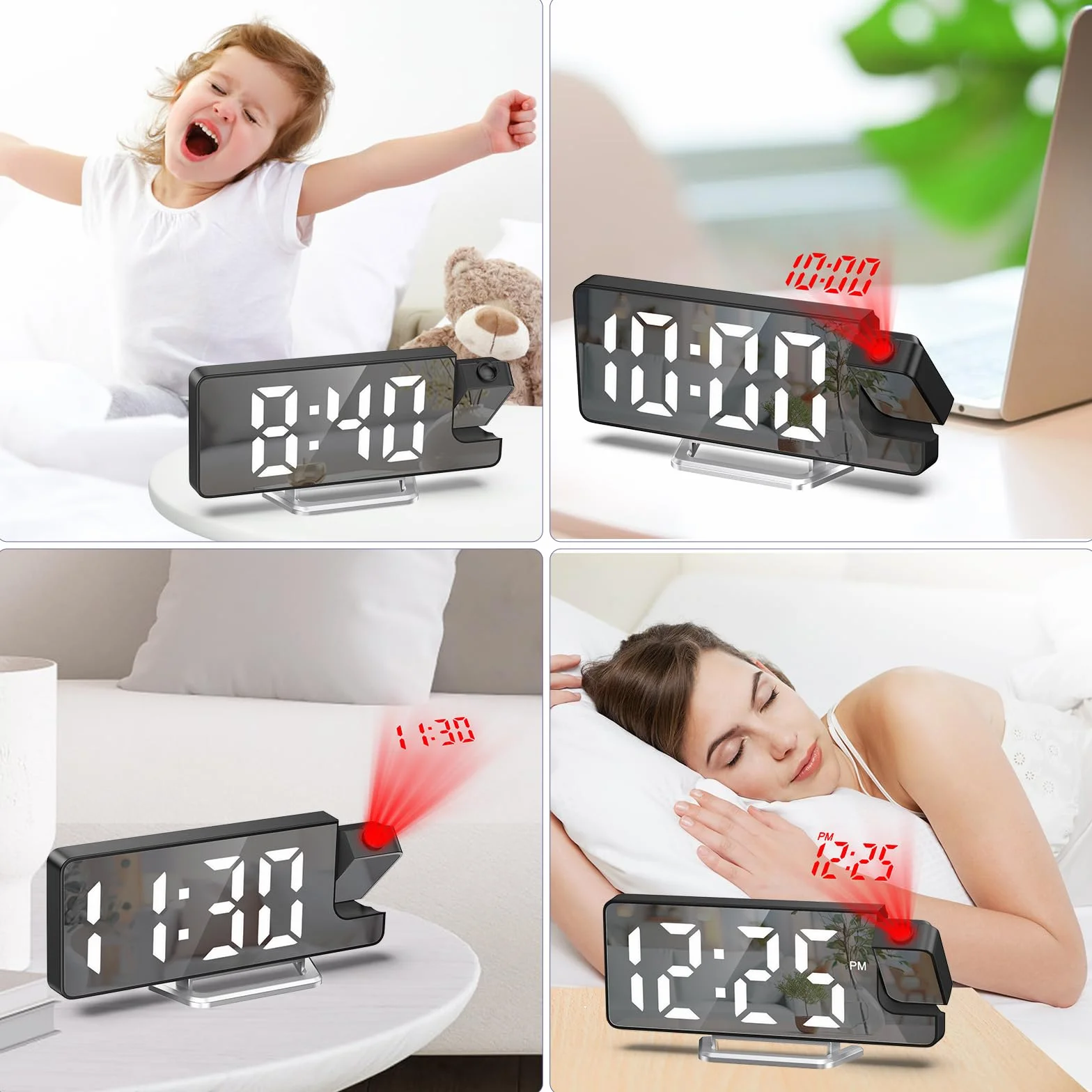 Reveil sufit projektora, projekcja lustra budzika, cyfrowy budzik z dużym ekranem 7,9-calowa dioda LED, temperatura, ściemniacz, drzemka, tryb nocny, cyfrowy projektor zegara 180°