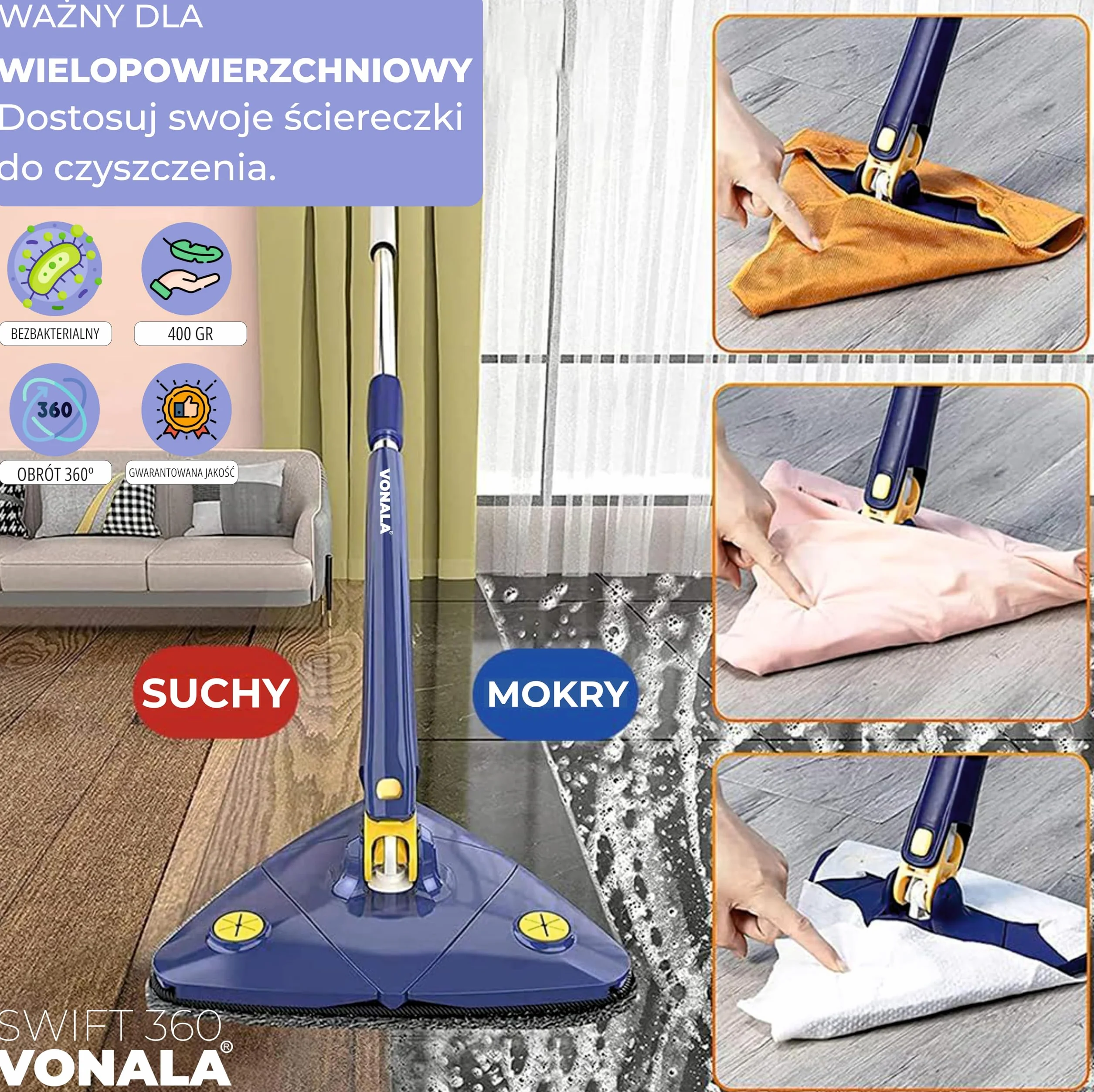 Trójkątny Mop Do Czyszczenia Obrotowy, Regulowany O 360 Stopni, Wysuwany Mop Do Czyszczenia Ścian Z Mikrofibry Z Długim Uchwytem Do Czyszczenia Ścian Sufitowych, Podłóg, Sufitów, Okien I