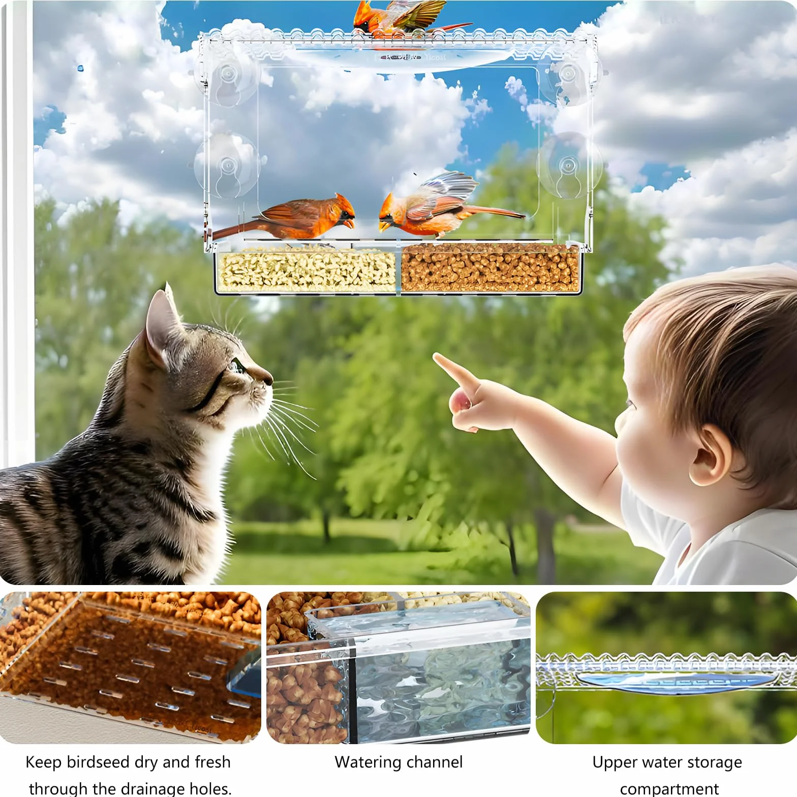 Domek dla ptaków szyba okienna 24,6 x 9,8 x 13,7 cm, zdejmowany dozownik karmy dla ptaków, okno z przyssawkami, do obserwacji ptaków, dekoracja ogrodowa, prezent