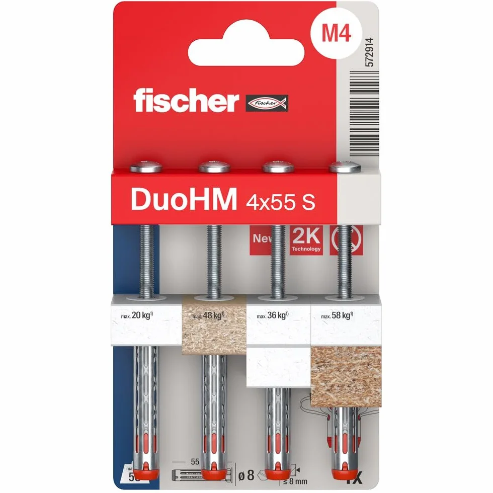 fischer 572914 DuoHM kołki rozporowe, 4 x 55 S TX ze śrubą metryczną i napędem TX do mocowania wsporników telewizyjnych, świateł, półek ściennych itp. w materiałach budowlanych panelowych (4 sztuki)