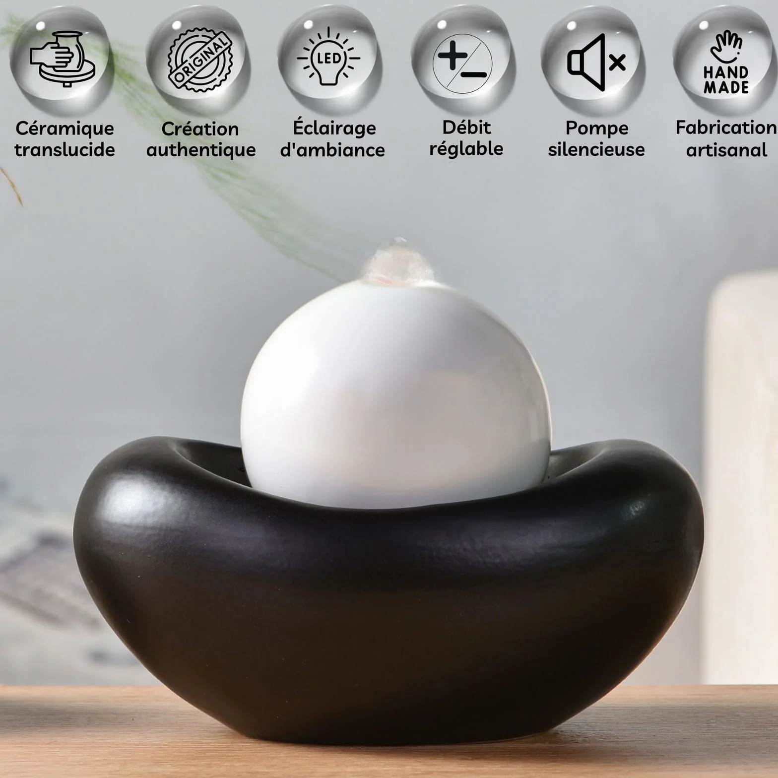 Fontanna do wnętrz ceramiczna współczesny styl kolorowe światło, cicha pompa, dekoracja medytacyjna, dekoracyjna fontanna stołowa, pomysł na prezent premium, wys. 19 x 15 x 21 cm - Beye Zen'Light