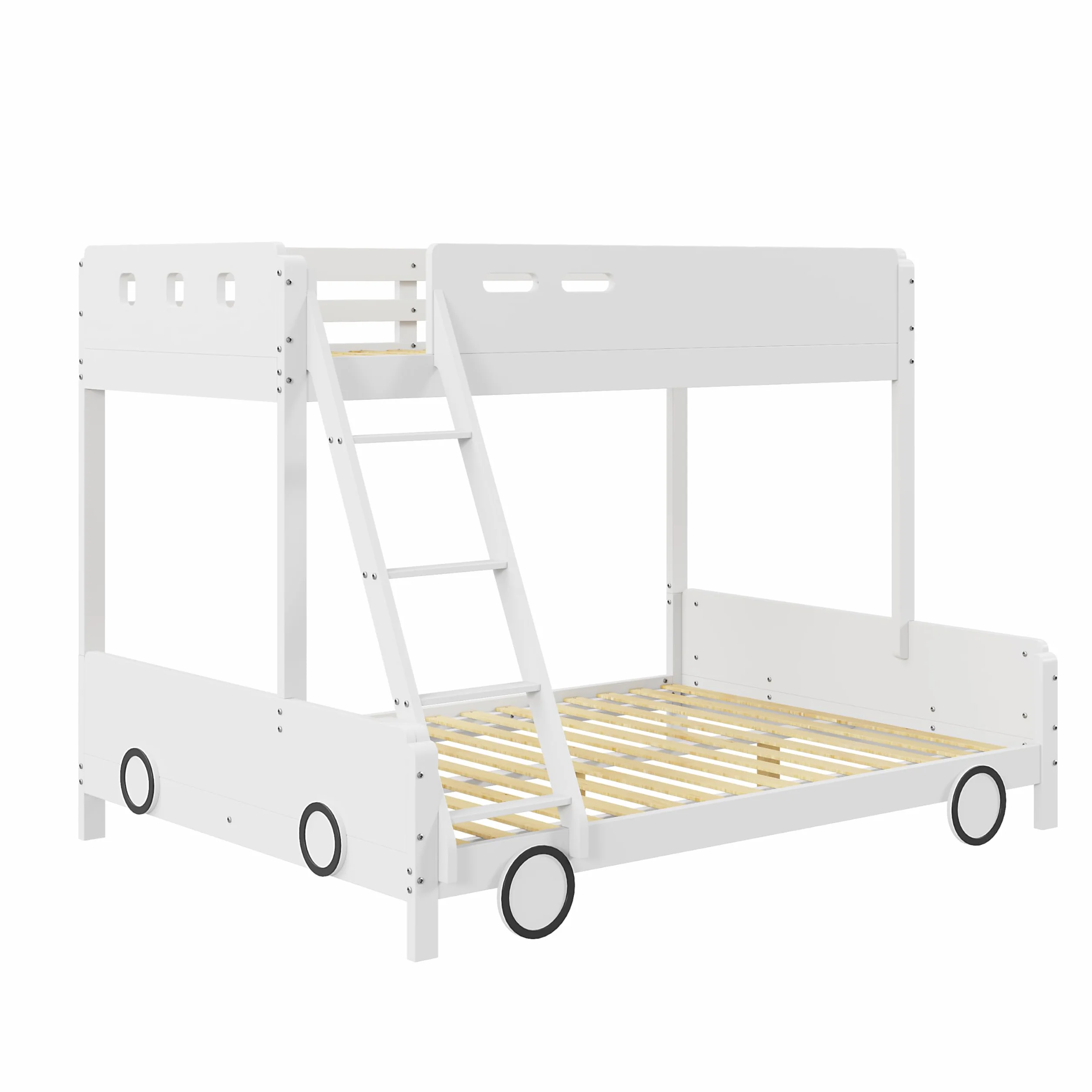 Dziecięce łóżko piętrowe w kształcie samochodu z litego drewna – u góry 90 x 200 cm, na dole 140 x 200 cm – łóżko rodzinne dla rodzeństwa – kratka bezpieczeństwa, kolor biały – obciążenie do 140 kg