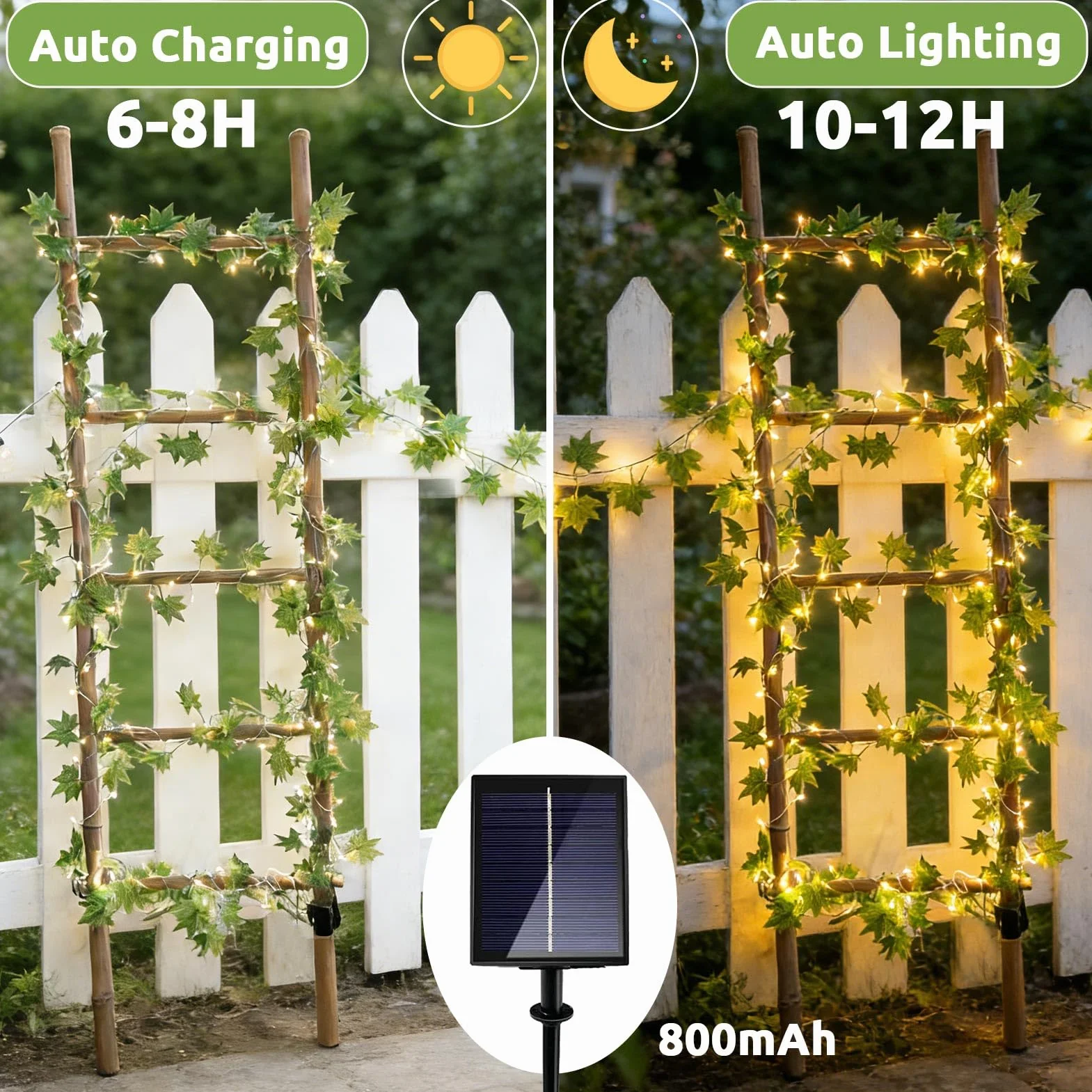 Joycome Solarny łańcuch świetlny, 10 m, 100 diod LED, bluszcz, 8 trybów, z łańcuchem świetlnym, IP65, odporny na warunki atmosferyczne, liście, na balkon, do ogrodu, na taras, do użytku na zewnątrz