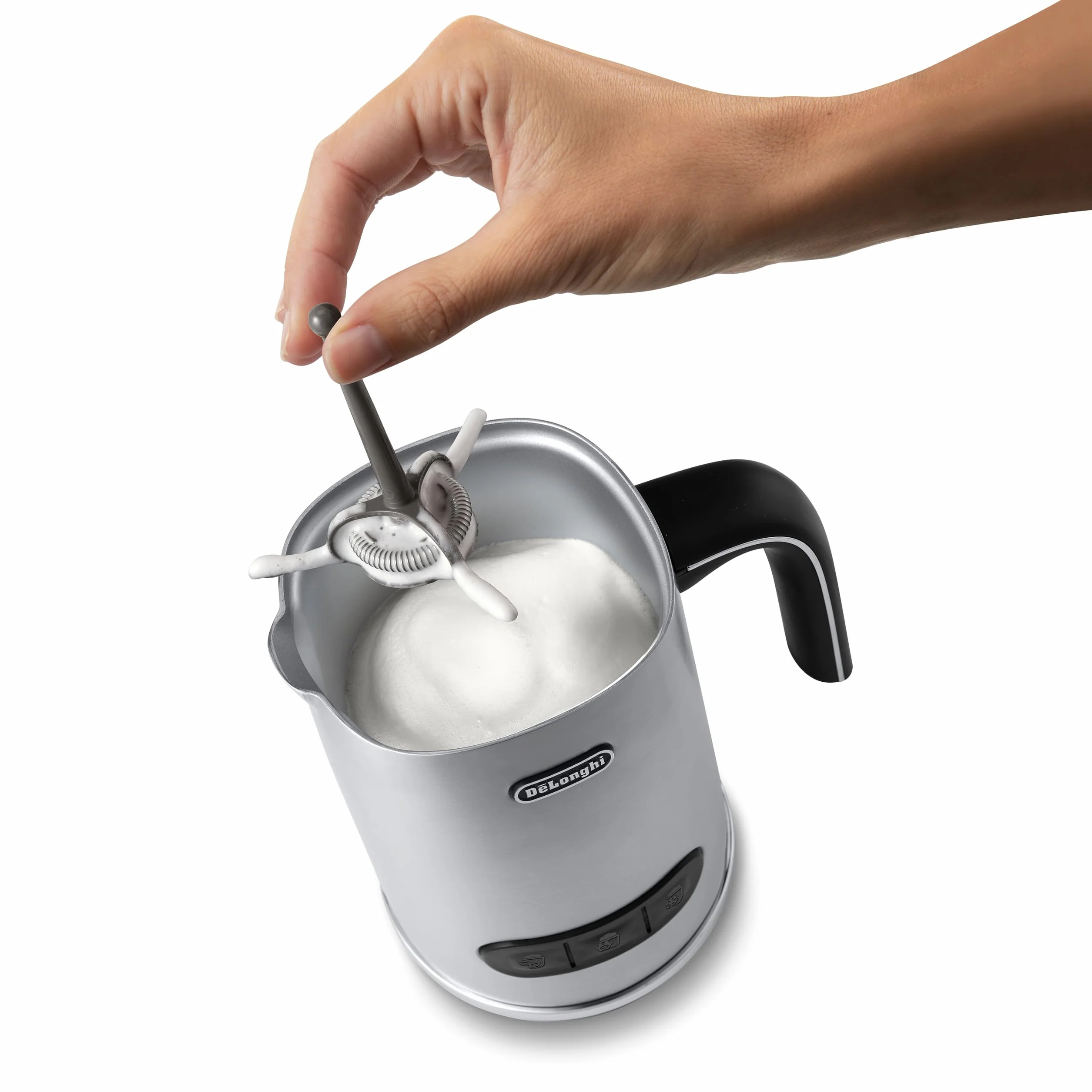 De'Longhi LatteMix EMF3.M elektryczny spieniacz do mleka i warzyw, łatwe czyszczenie, przezroczysta pokrywka, 3 przyciski, 250 ml, biały