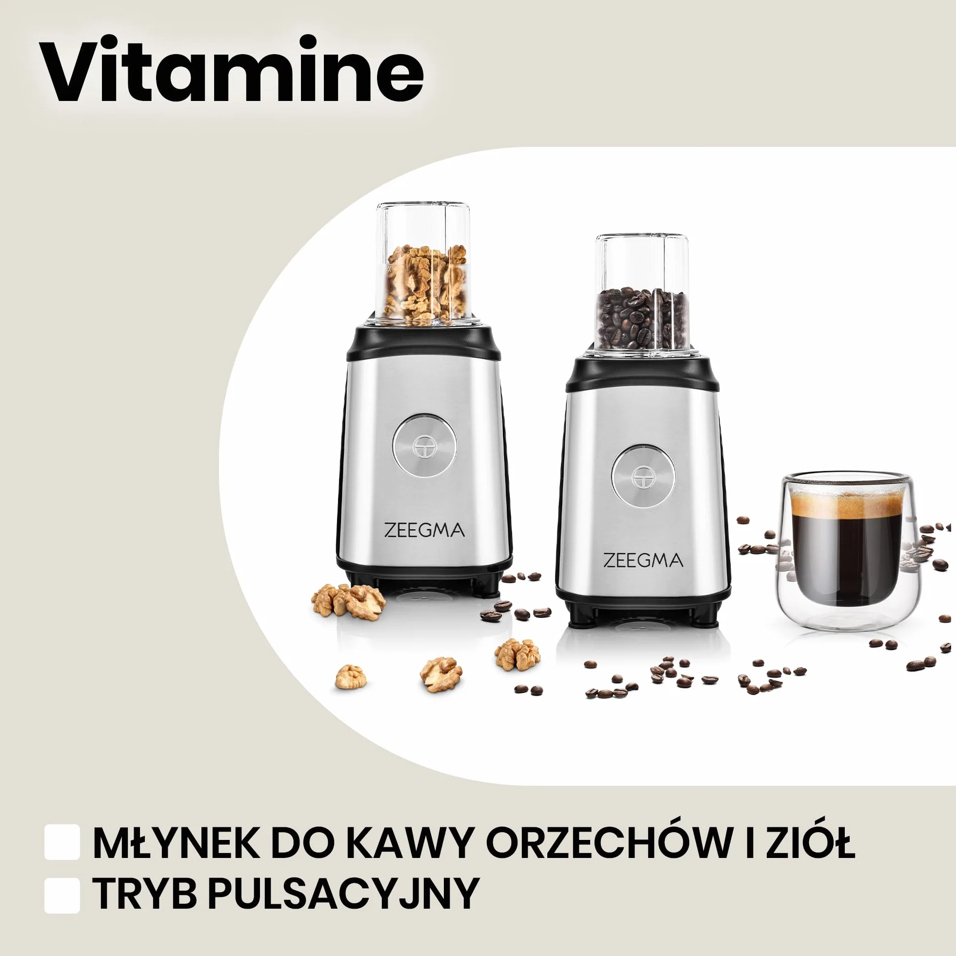 ZEEGMA Vitamine blender 4w1, mikser, młynek do kawy, silnik 1050W, dewa zestawy noży, duży kielich 1l, 2 bidony 600ml, metalowa obudowa, system ThermoFuse, tryb pulsacyjny, BPA free