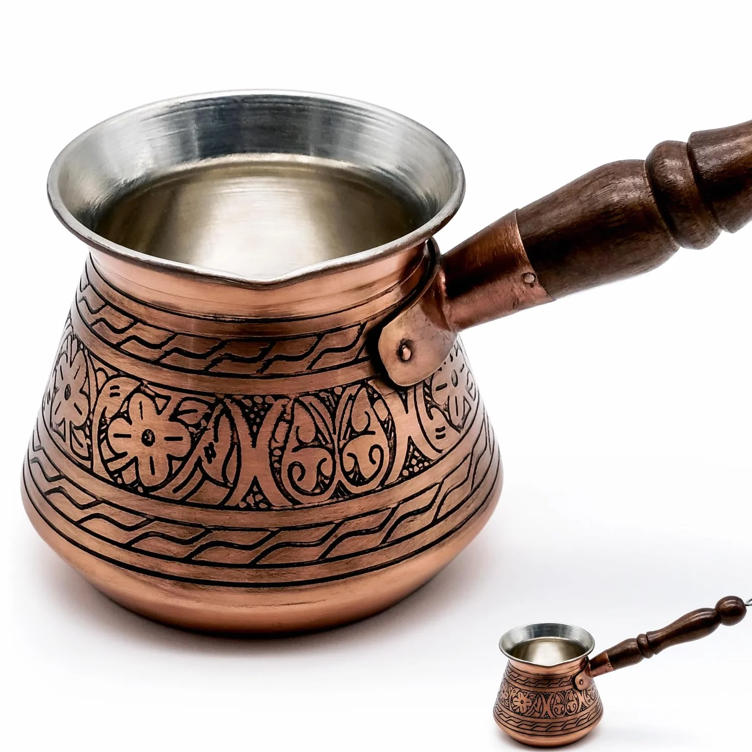 Miedziany Cezve Ibrik Turkish Coffee Pot 450 ml Ręcznie Wykonany Grawerowany 2 mm