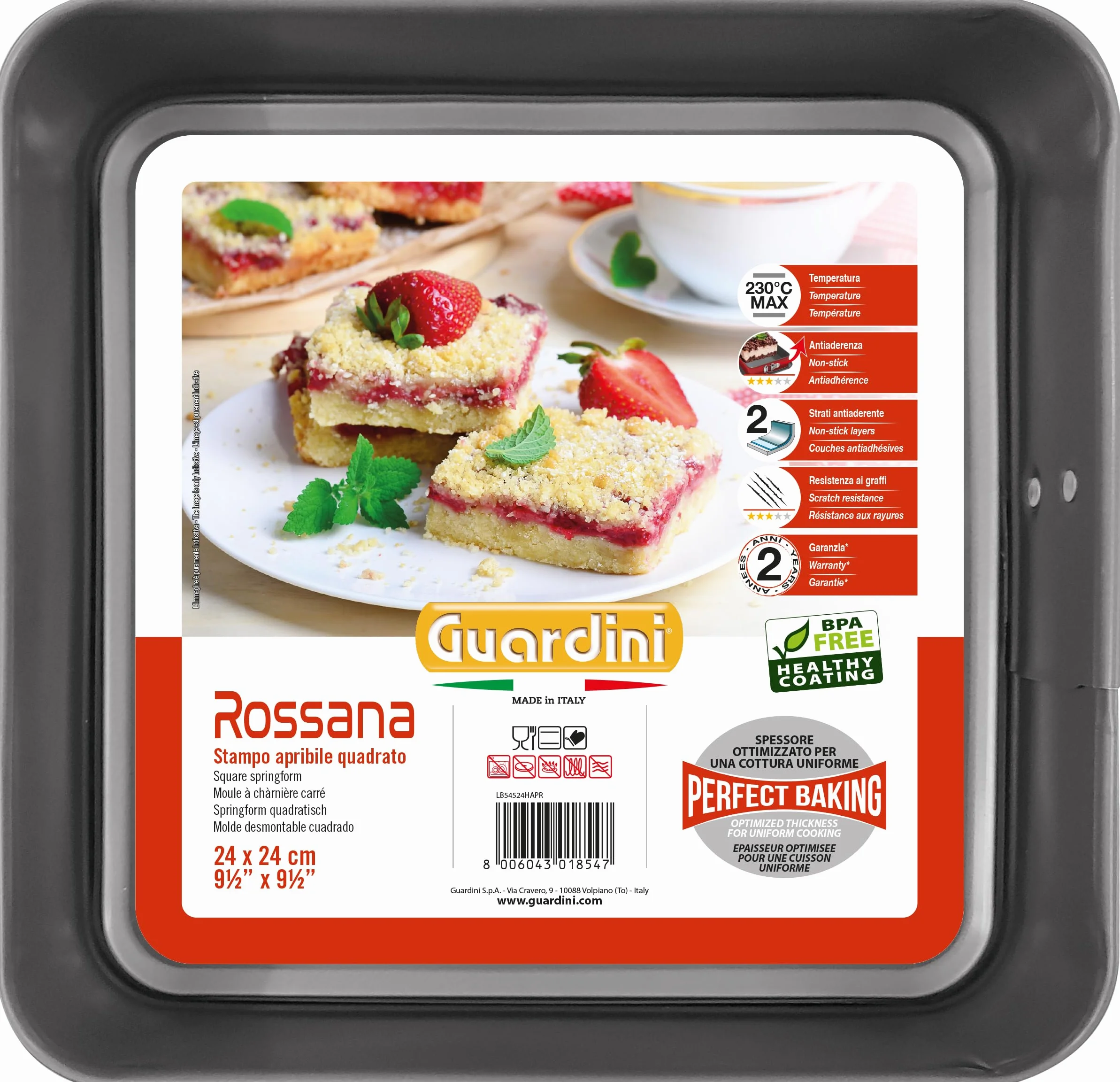 Guardini Rossana 2.0 kwadratowa forma do formowania z zabezpieczeniem przed kapaniem i nieprzywierającą powłoką dwuwarstwową, ze stali Hi-Top, 24 x 24 x 7 cm, czerwona i szara