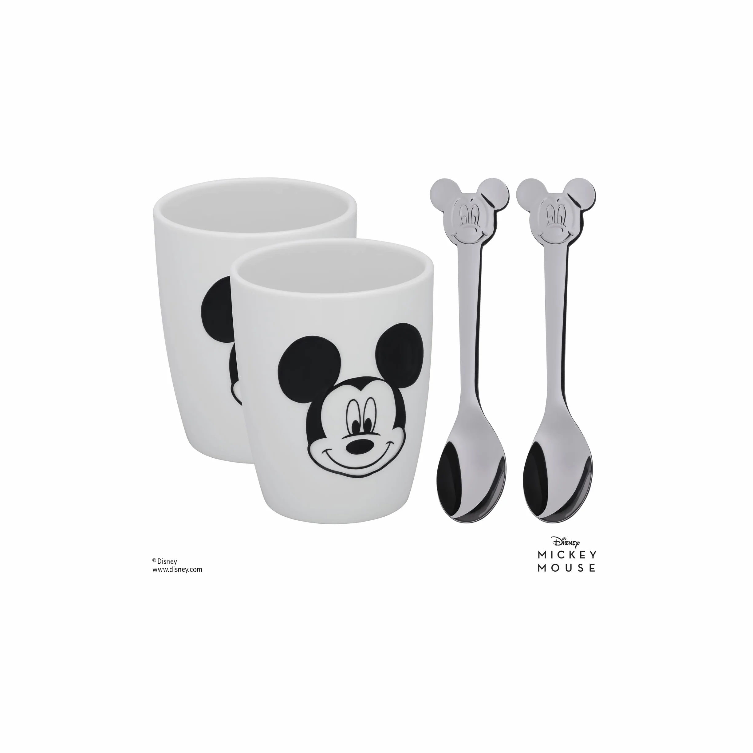 WMF Disney Mickey Mouse zestaw filiżanek M, 2 filiżanki z łyżeczką, porcelana, polerowana stal nierdzewna Cromargan, nadają się do mycia w zmywarce