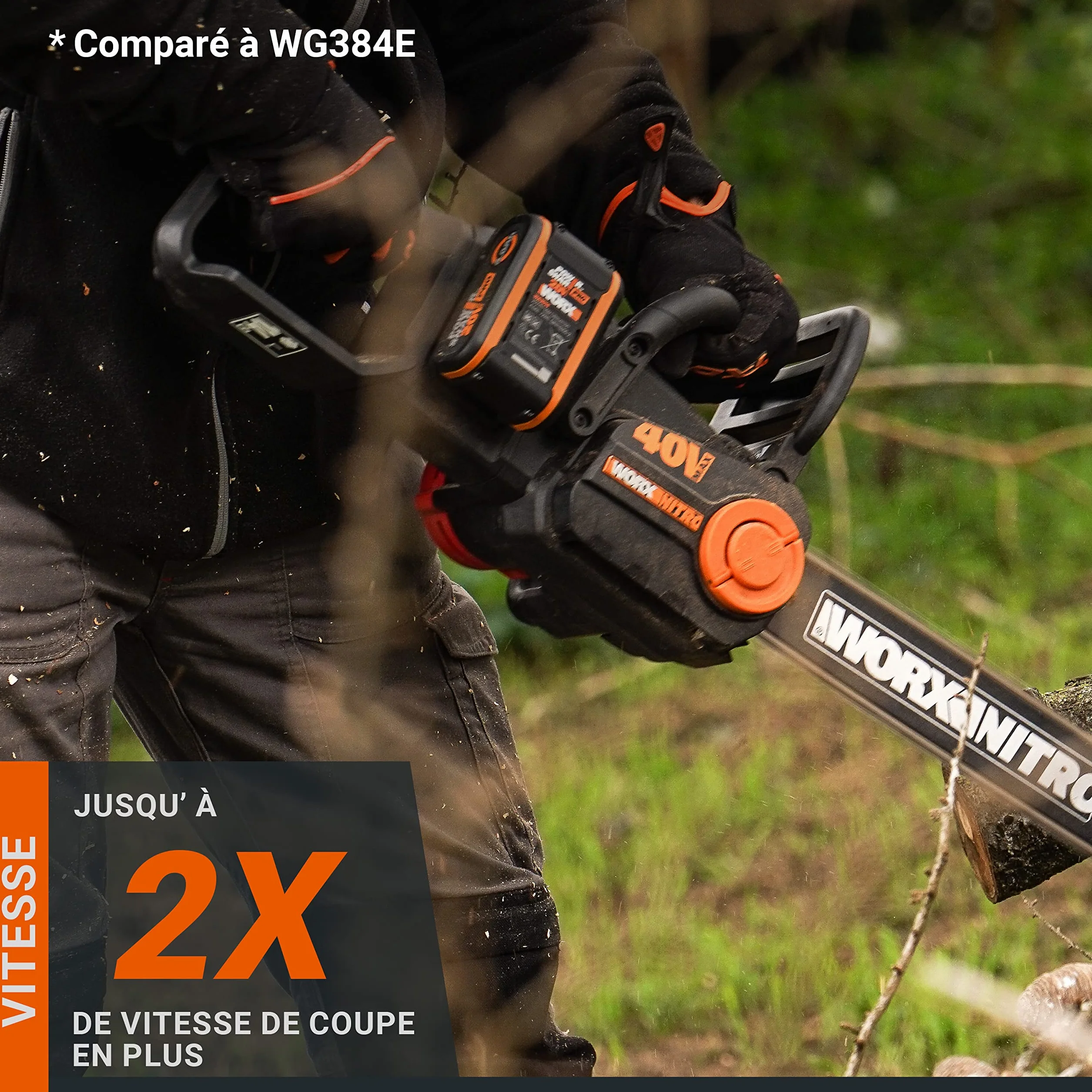 WORX Piła łańcuchowa Nitro 40V (2x20V) | PowerShare | WG385E.9 | Nie obejmuje baterii i ładowarki | Silnik bezszczotkowy | Miecz 40 cm | Hamulec łańcucha i automatyczne smarowanie