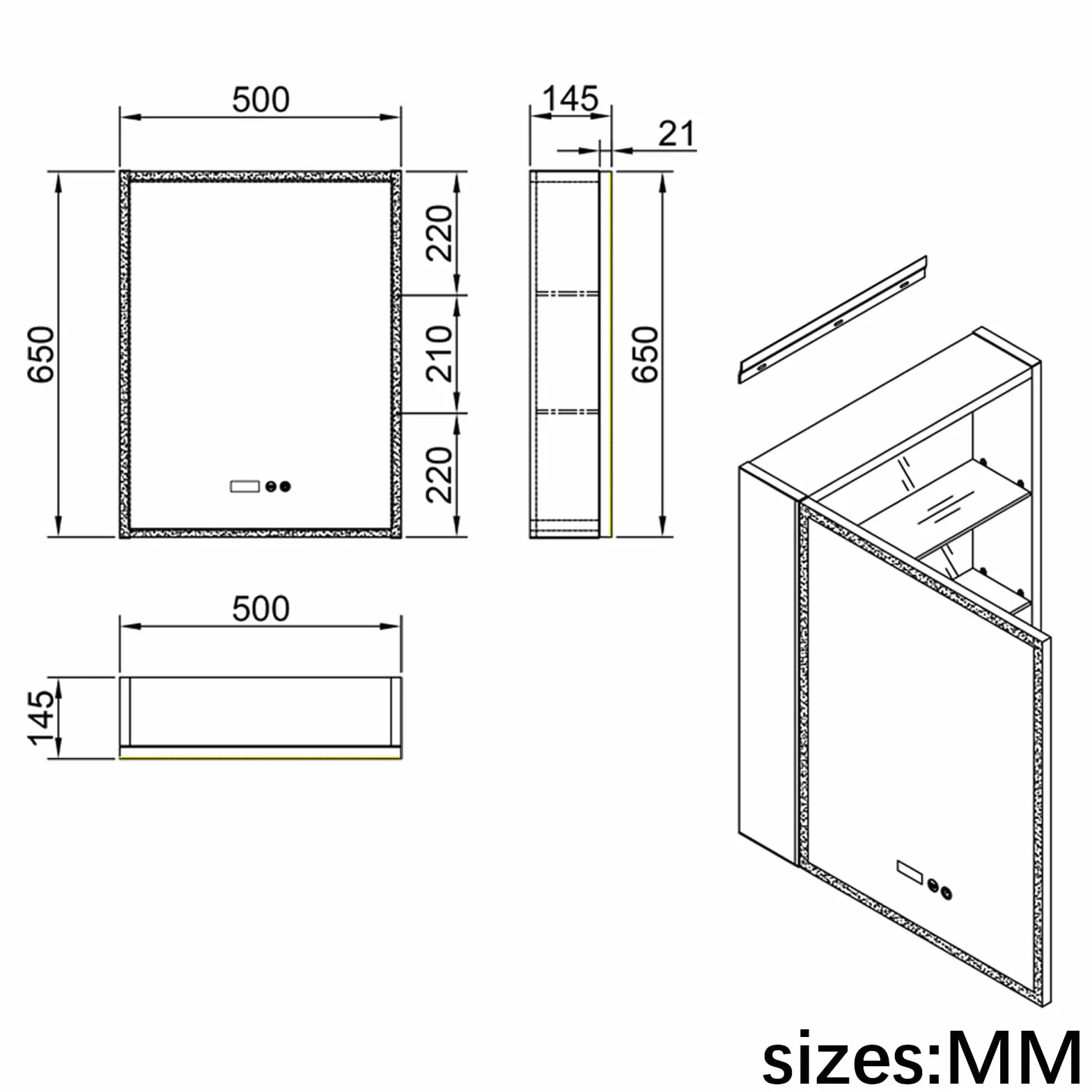 Szafka łazienkowa z lustrem z oświetleniem LED i gniazdem golarki 500 x 650 mm, biała szafka ścienna z cyfrowym zegarem i wyświetlaczem temperatury, aluminiowe ramy