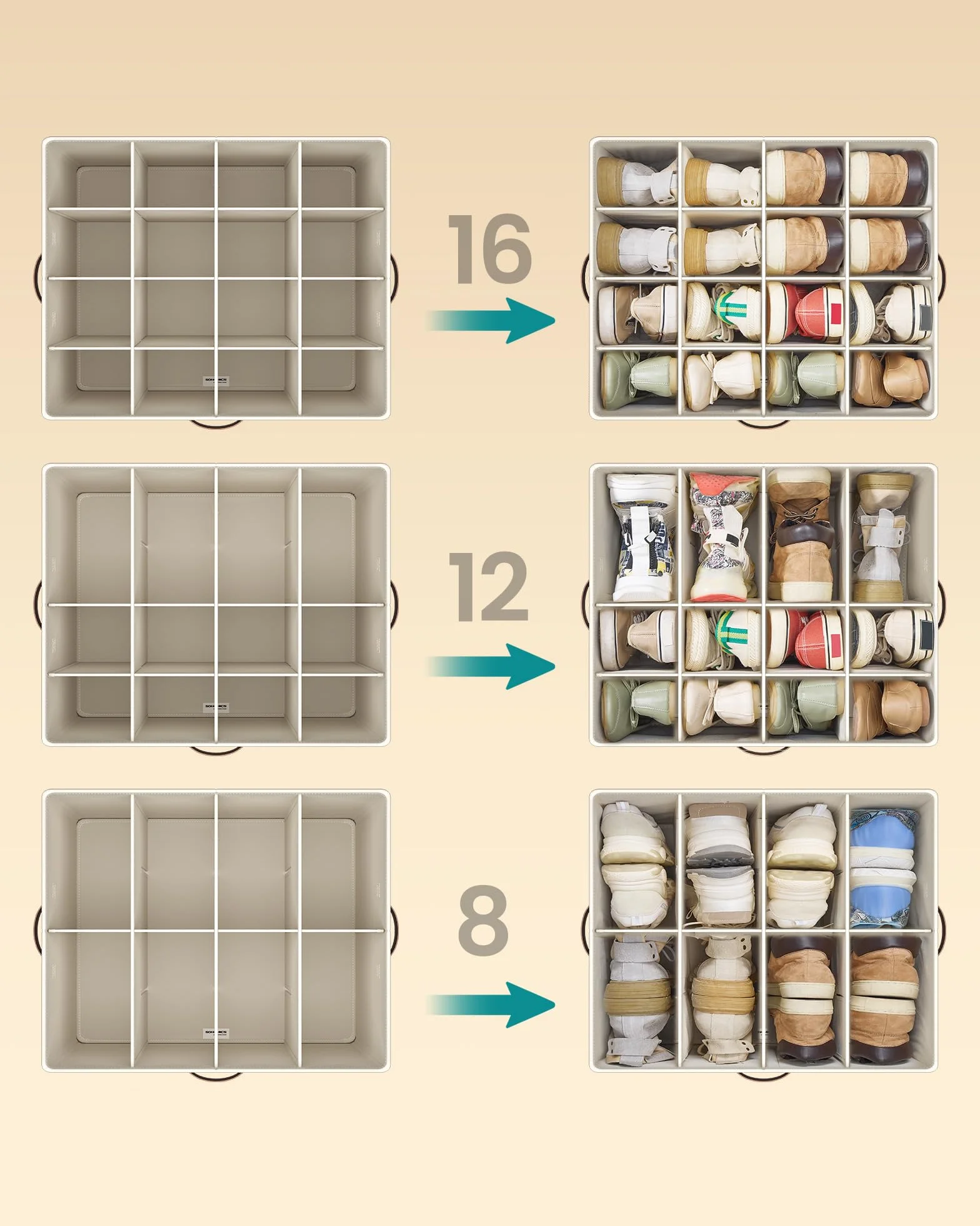 SONGMICS Organizer na buty, przechowywanie butów, na 16 par butów, pudełko na buty, uchwyty, oszczędność miejsca, do szafy, Cappuccino Beige LSP555K01