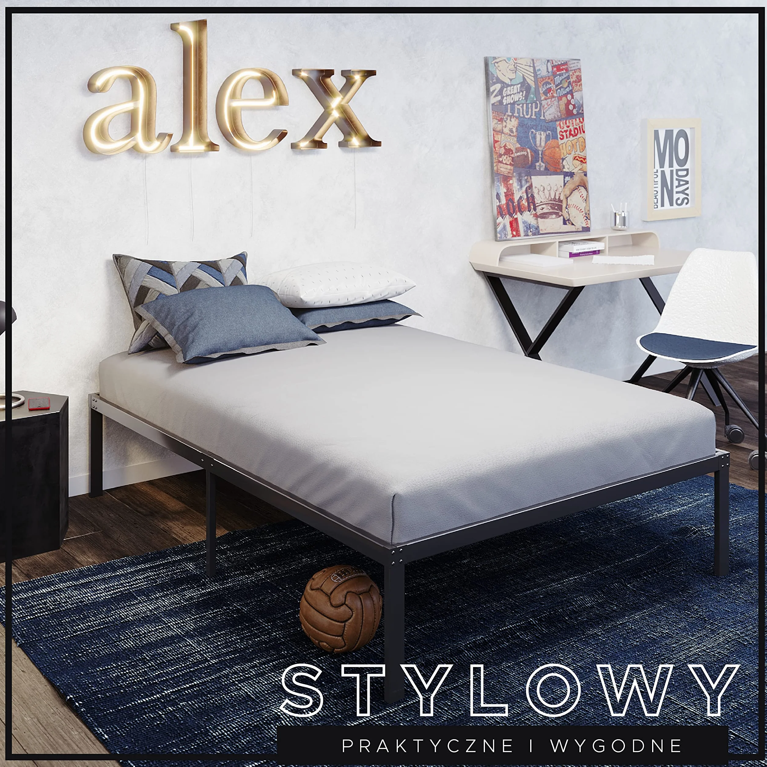 Dreamzie metalowe łóżko – Dla Materaca 90x200 cm - łóżko do materaca, podwójne, wytrzymałe, łatwy montaż, obszerne miejsce do przechowywania – czarny stelaż