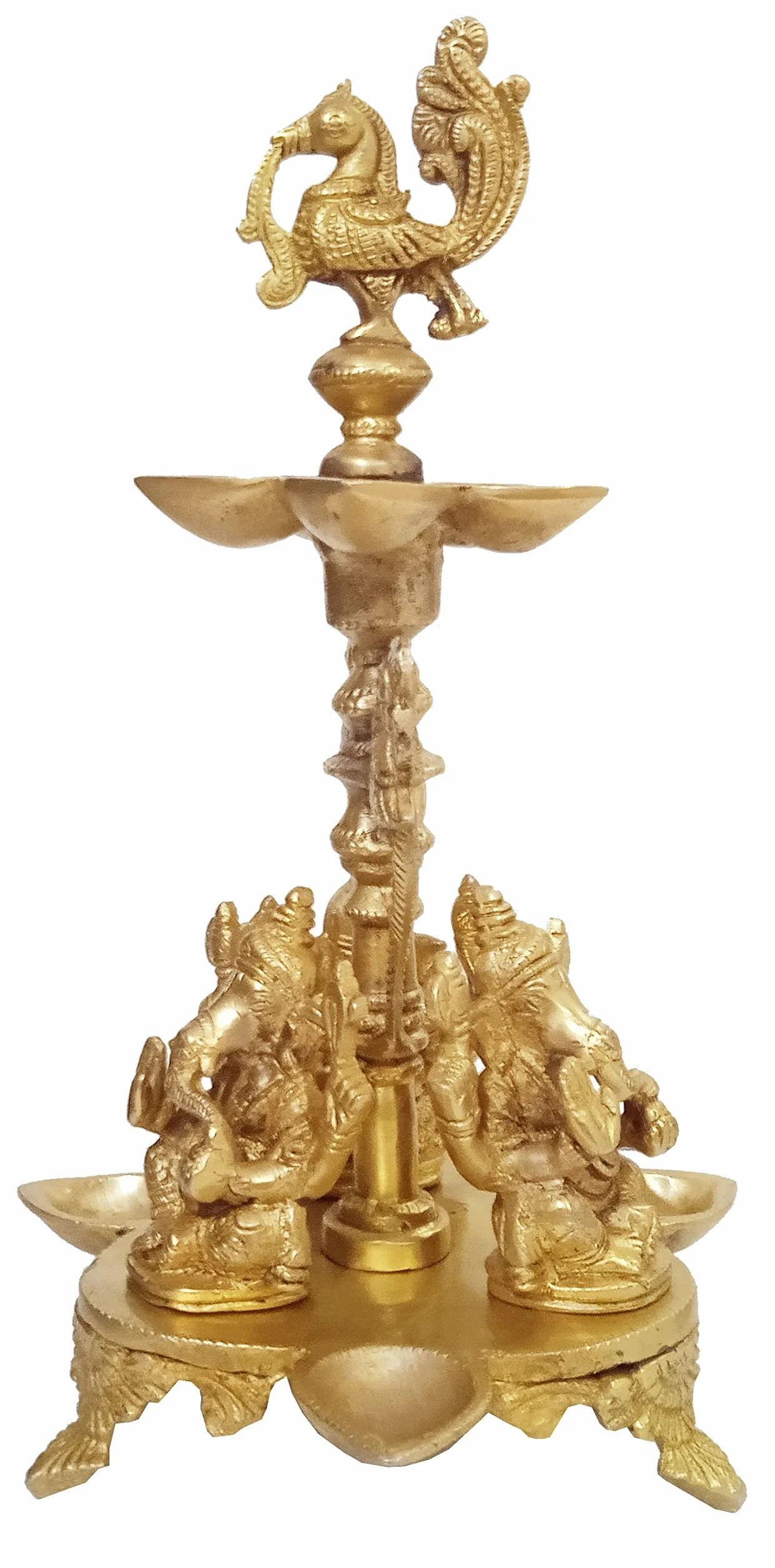 Purpledip Mosiężna lampa olejowa Kuthu Vilakku: Antyczny wzór Royal Deepam Diya z 3 Ganescha, papugi i paw (12033A)